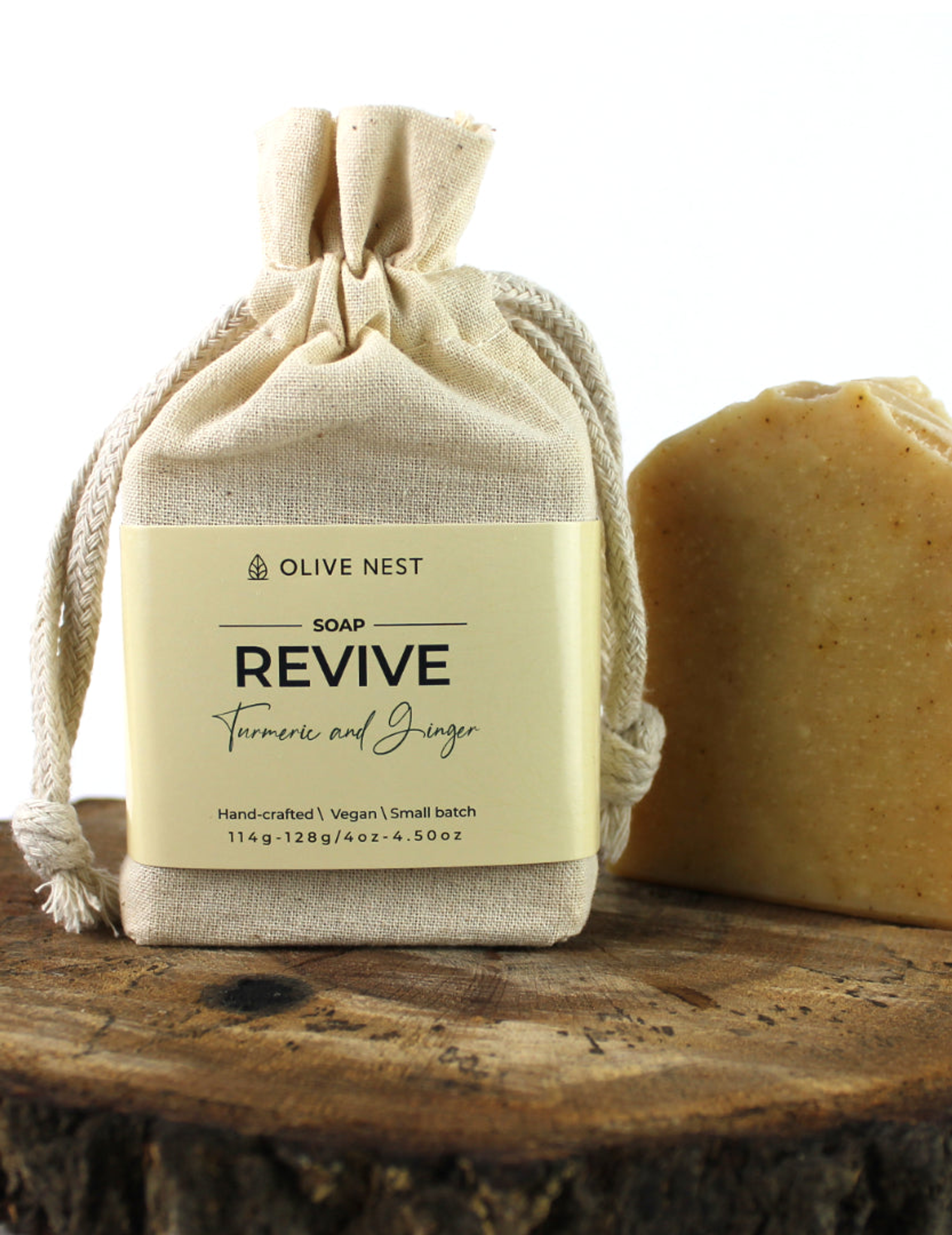 Soap Turmeric and Ginger Handcrafted Vegan Bar Saponified Organic Oils Coconut Olive Palm Rosemary Essential Oil Ginger Powder Turmeric Powder