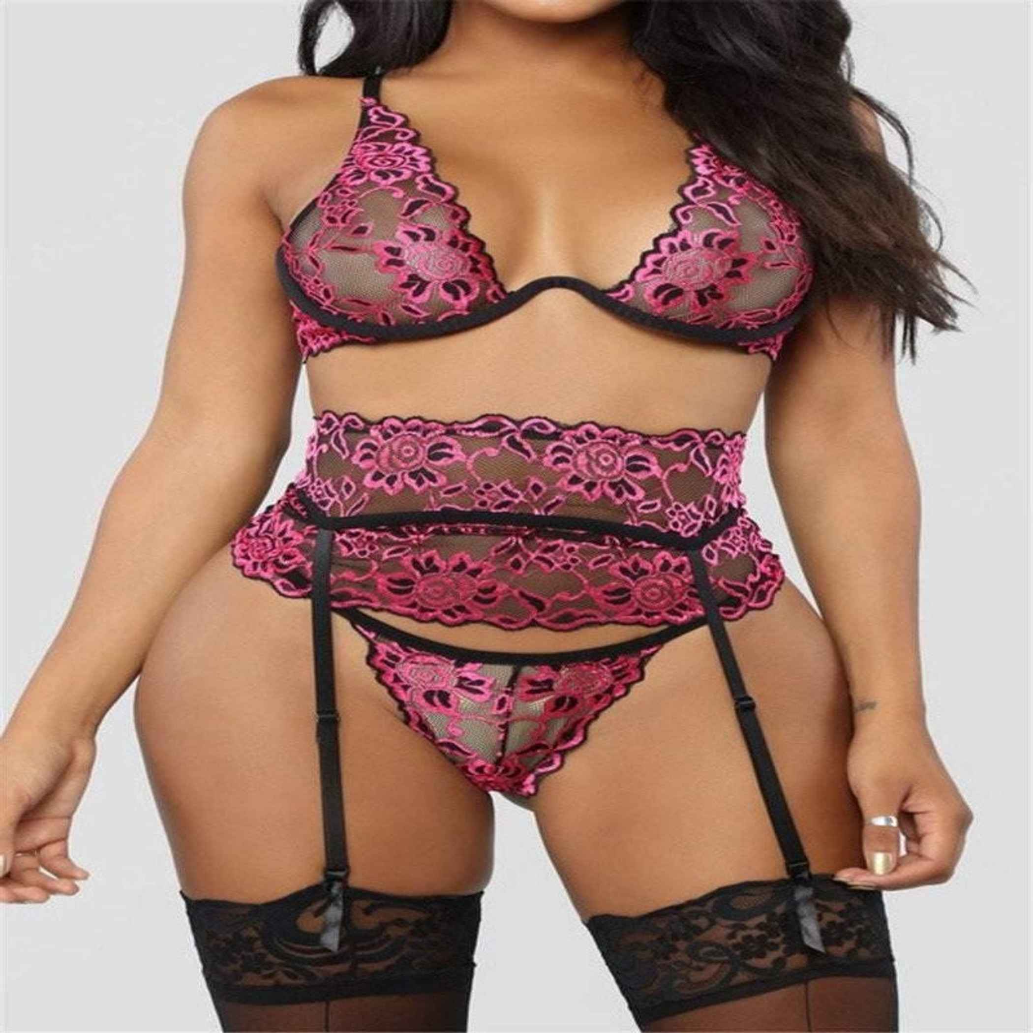 Sexy Lace Lingerie Set with Garter Belt and Sheer Panties