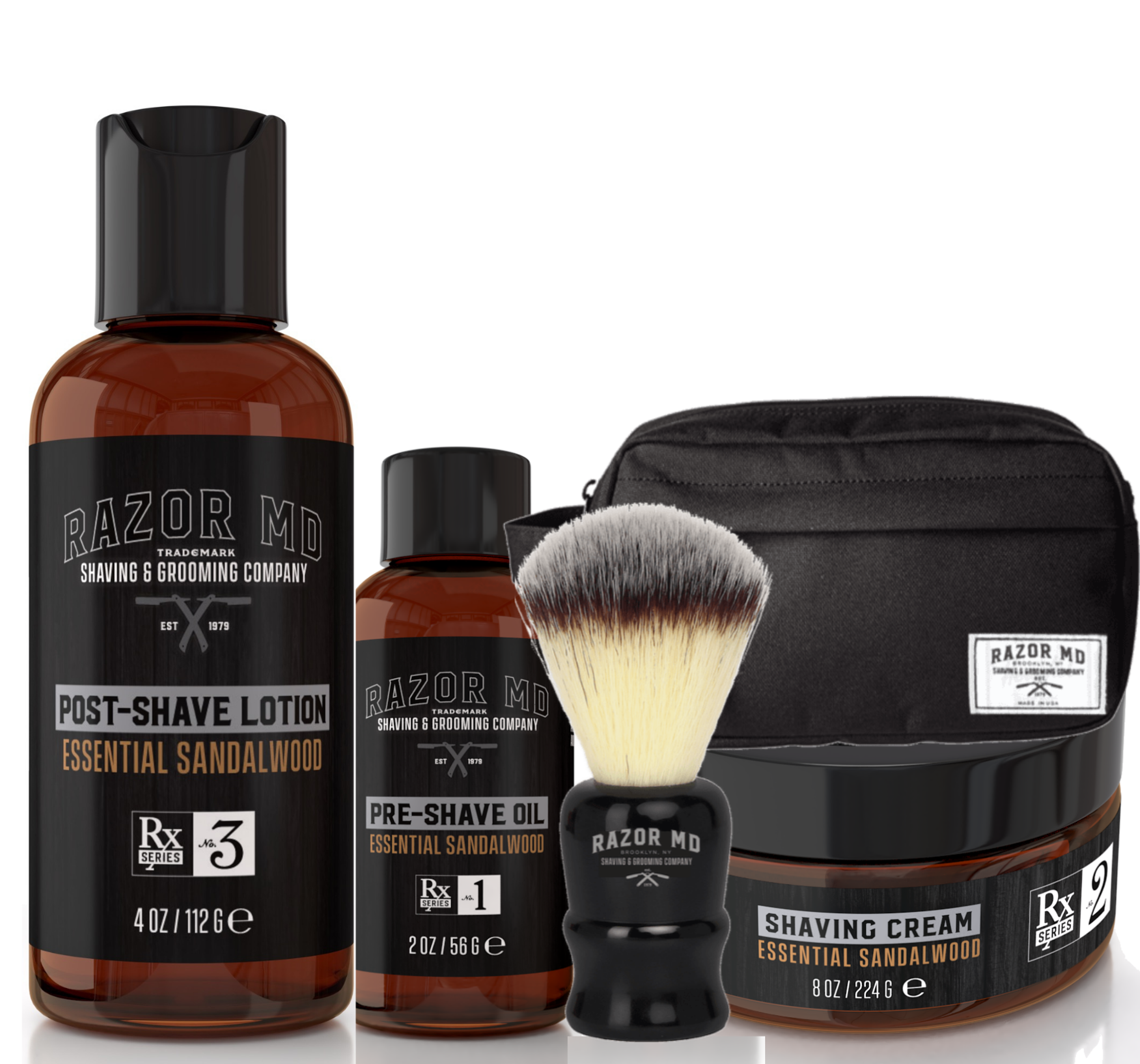 Shave Bundle Gift Set Includes 8oz Sandalwood Shave Cream 4oz Sandalwood Post Shave Lotion 2oz Sandalwood Pre-shave Oil Travel Size Brush Black Dopp Bag