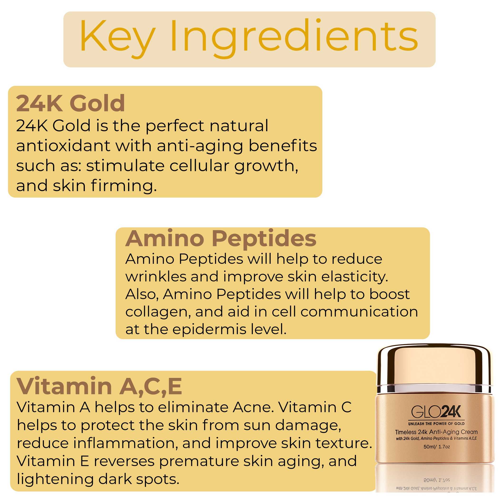 Crema para el rostro y cuello función anti-envejecimiento atributo 24k oro atributo amino péptidos atributo vitaminas A C E