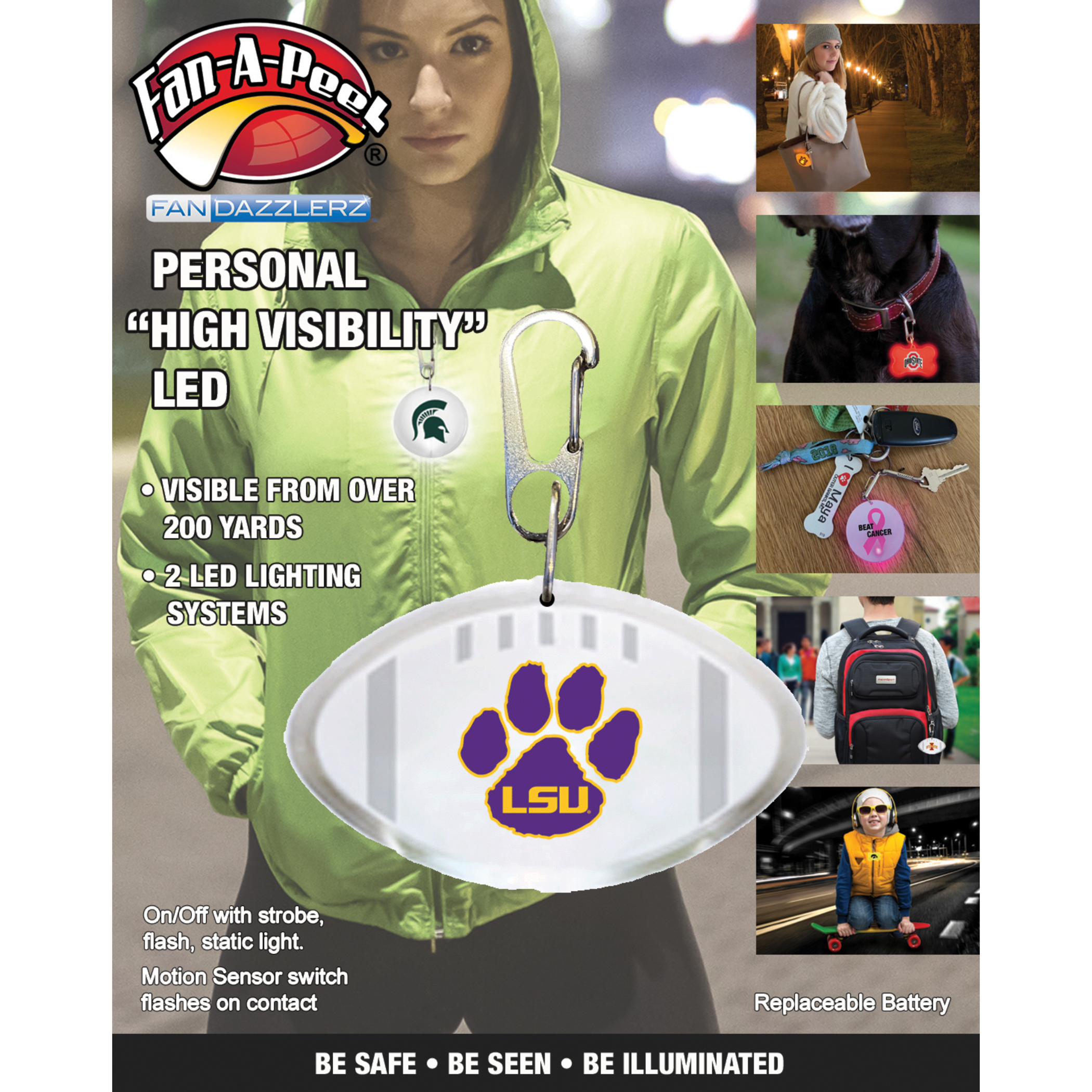Illumination Device Personal Safety Motion Activated Bright Light Round Football Dog Bone Shapes Carabiner 3 LED Modes Replaceable Battery One Unit