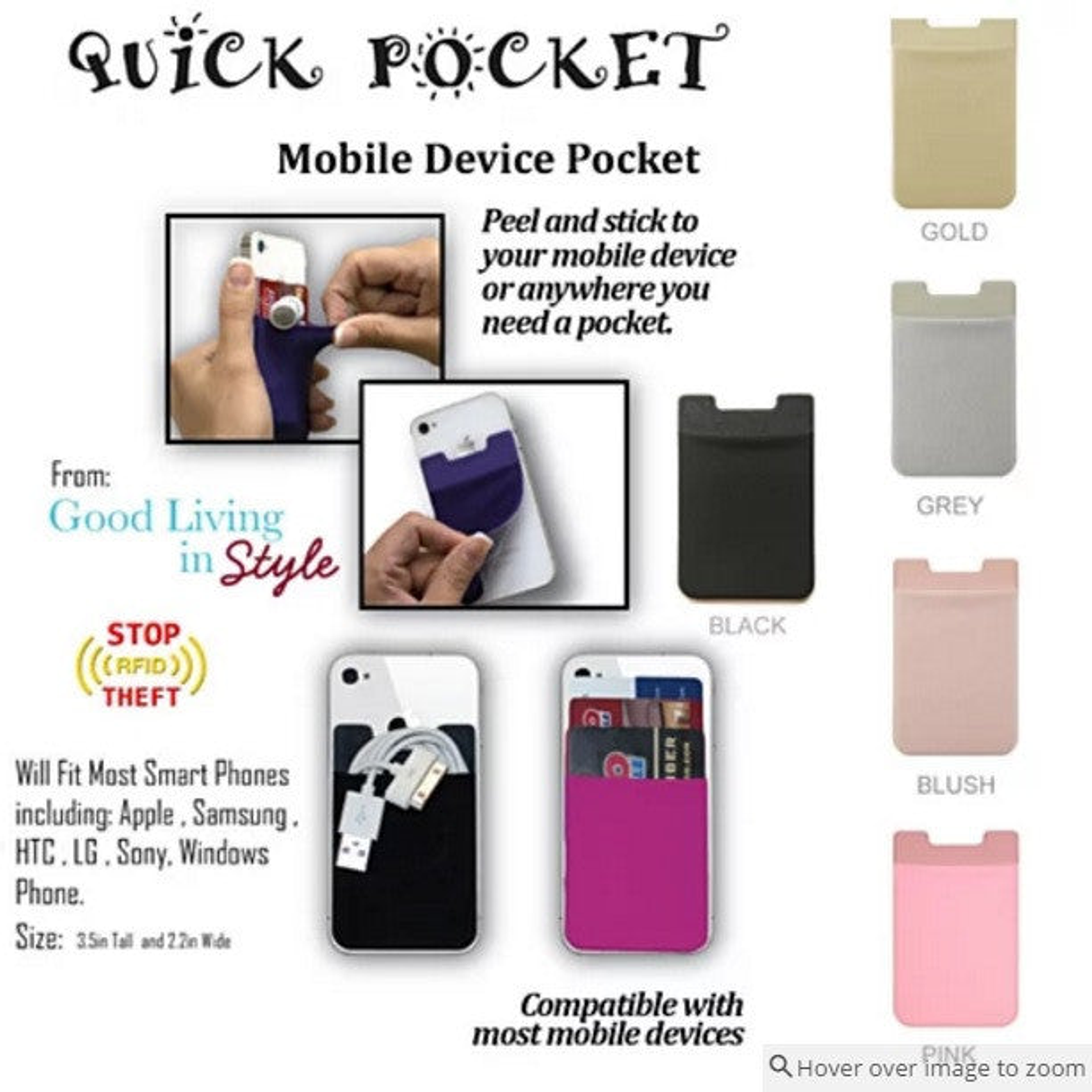 Pocket Smartphone RFID Protection Neoprene Holds 3 Cards and 5 Bills Compatible with Flat Surfaces Multiple Colors Available