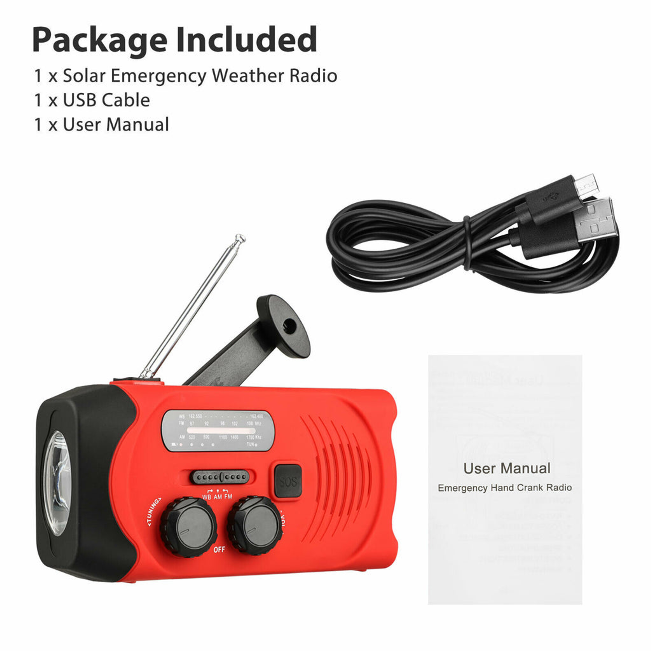 Emergency Radio Flashlight 2000mAh Solar Hand Crank AM FM NOAA Phone Charger Plastic