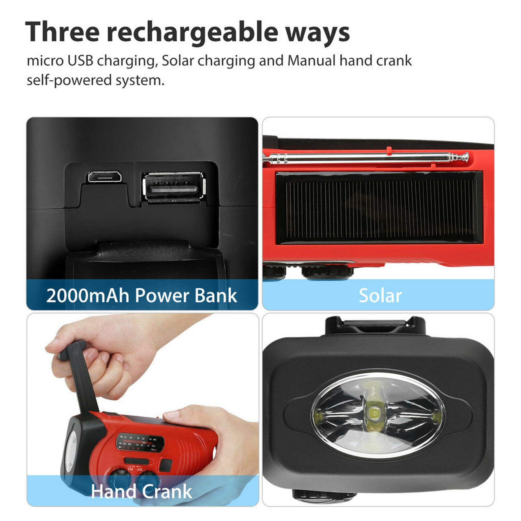 Emergency Radio Flashlight 2000mAh Solar Hand Crank AM FM NOAA Phone Charger Plastic