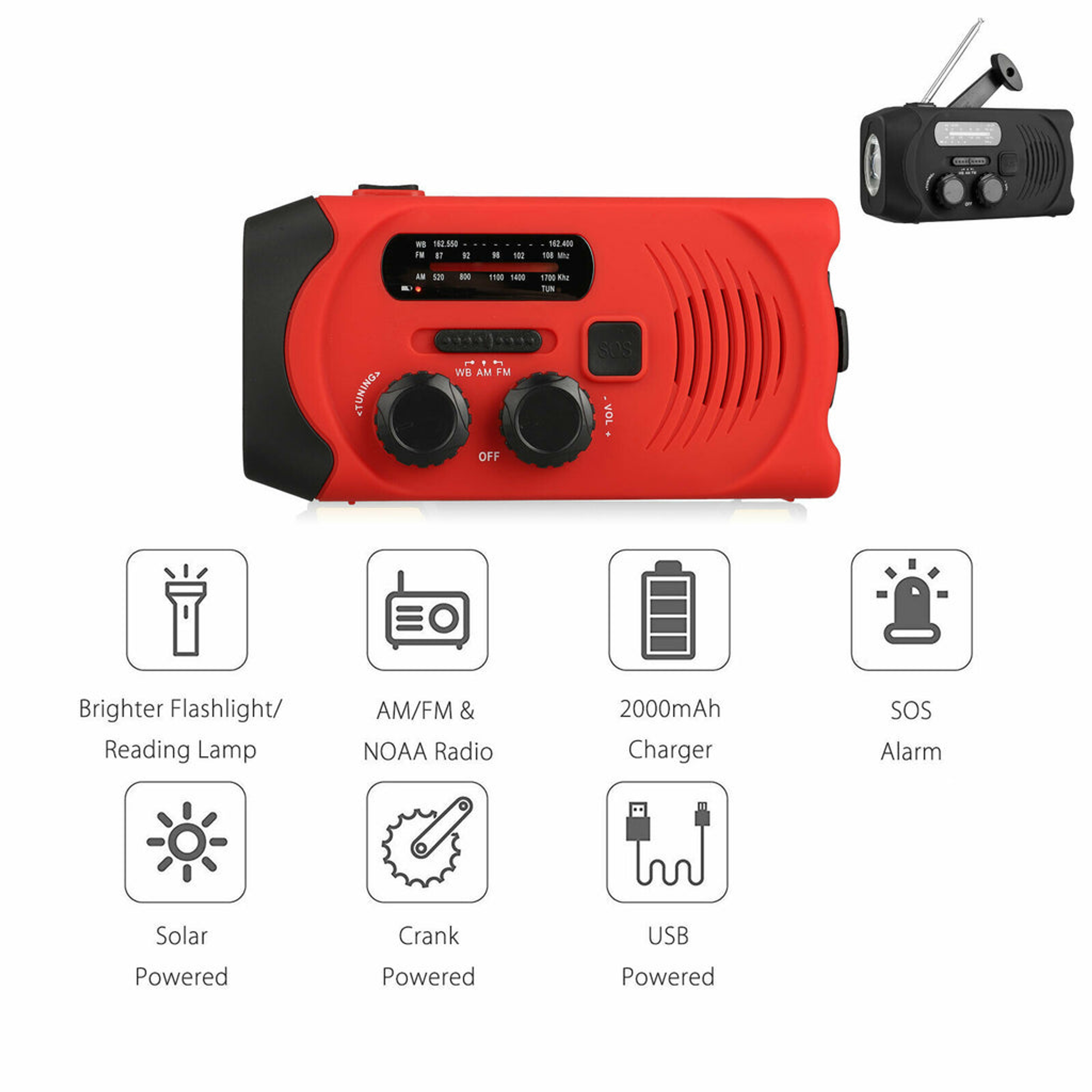 Emergency Radio Flashlight 2000mAh Solar Hand Crank AM FM NOAA Phone Charger Plastic