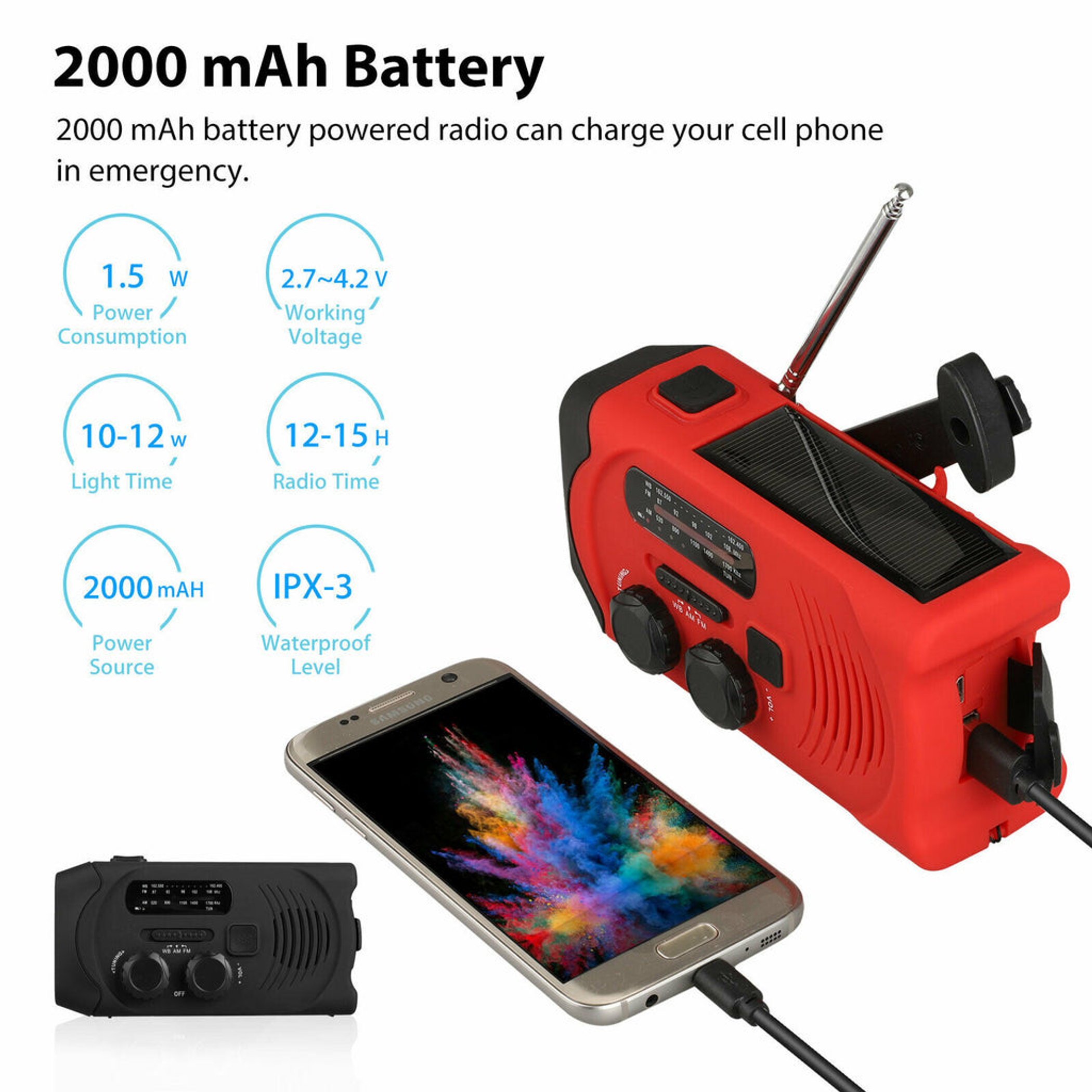 Emergency Radio Flashlight 2000mAh Solar Hand Crank AM FM NOAA Phone Charger Plastic