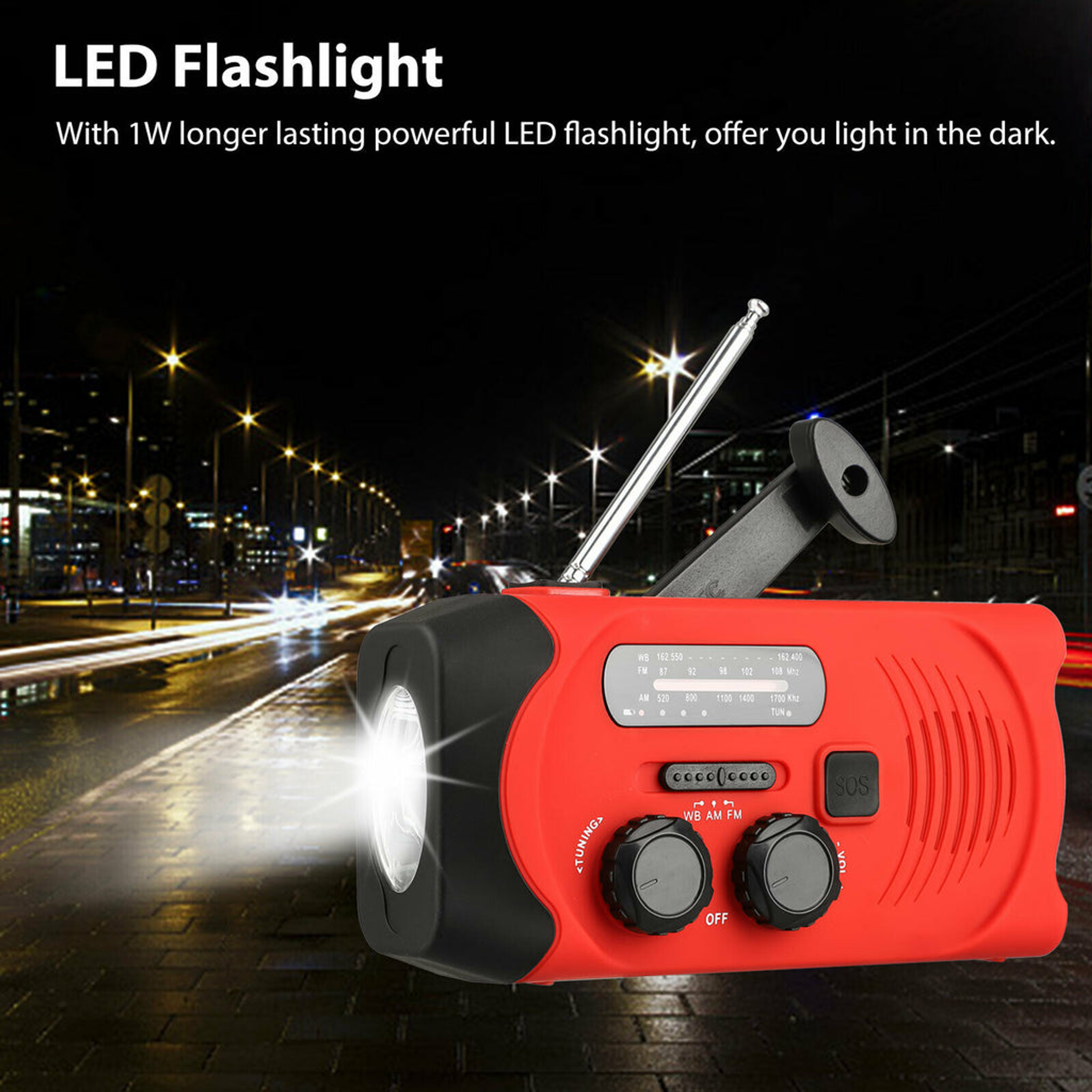 Emergency Radio Flashlight 2000mAh Solar Hand Crank AM FM NOAA Phone Charger Plastic