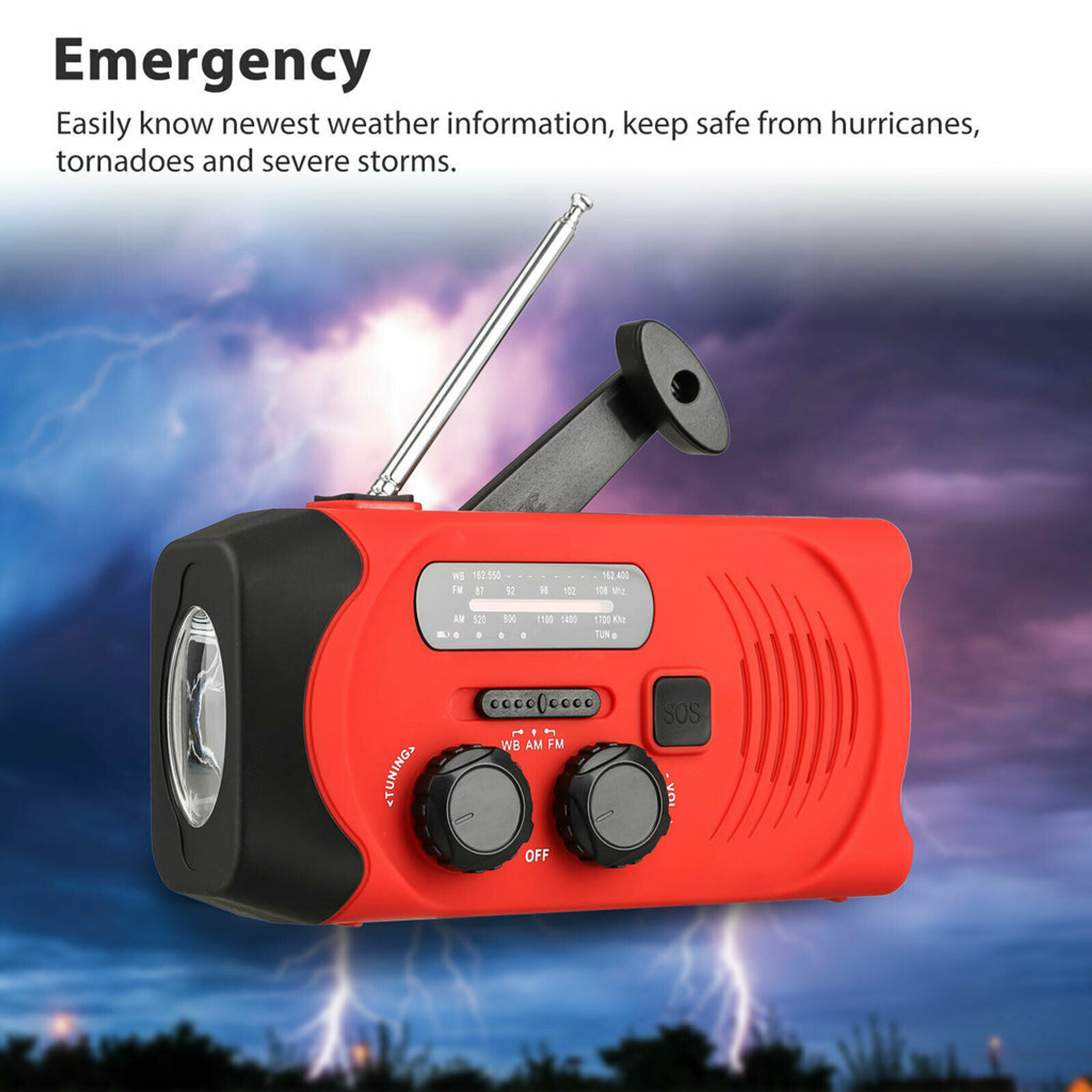 Emergency Radio Flashlight 2000mAh Solar Hand Crank AM FM NOAA Phone Charger Plastic