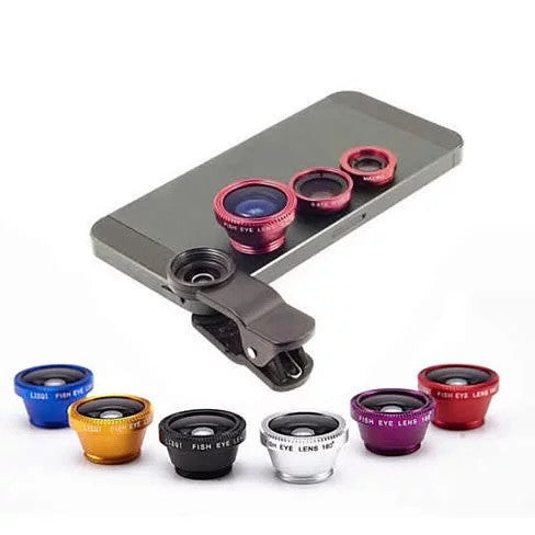 Smartphone Camera Lens 3 in 1 Universal Clip on Wide Angle Macro Fish Eye Metal Glass 6 Colors Included Lens Cap Storage Pouch
