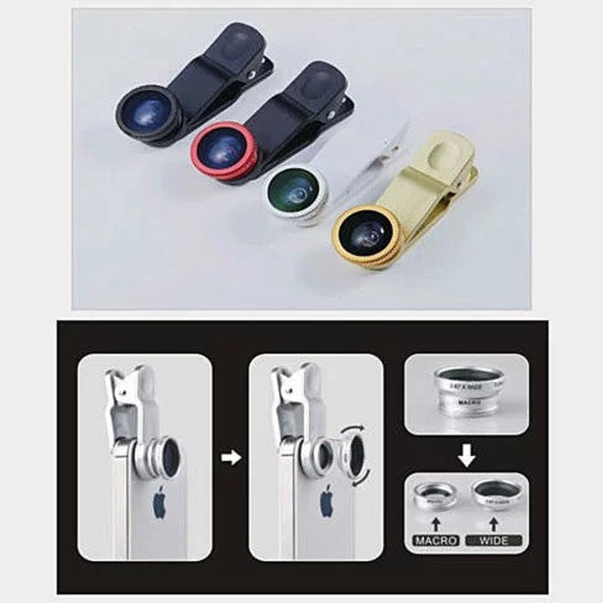 Smartphone Camera Lens 3 in 1 Universal Clip on Wide Angle Macro Fish Eye Metal Glass 6 Colors Included Lens Cap Storage Pouch