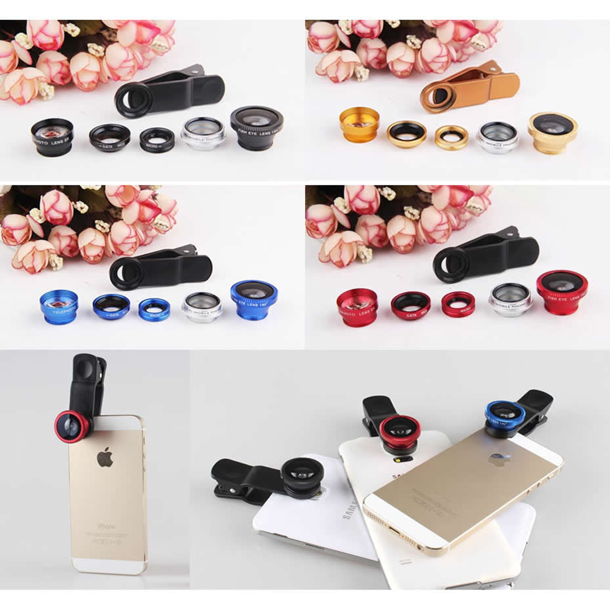 Camera Lens Set with 5 Clear Image Lenses Wide Angle Macro Fish Eye Telephoto Polarizing Compatible with iPhone iPad Samsung Available in Silver Black Red Blue Golden
