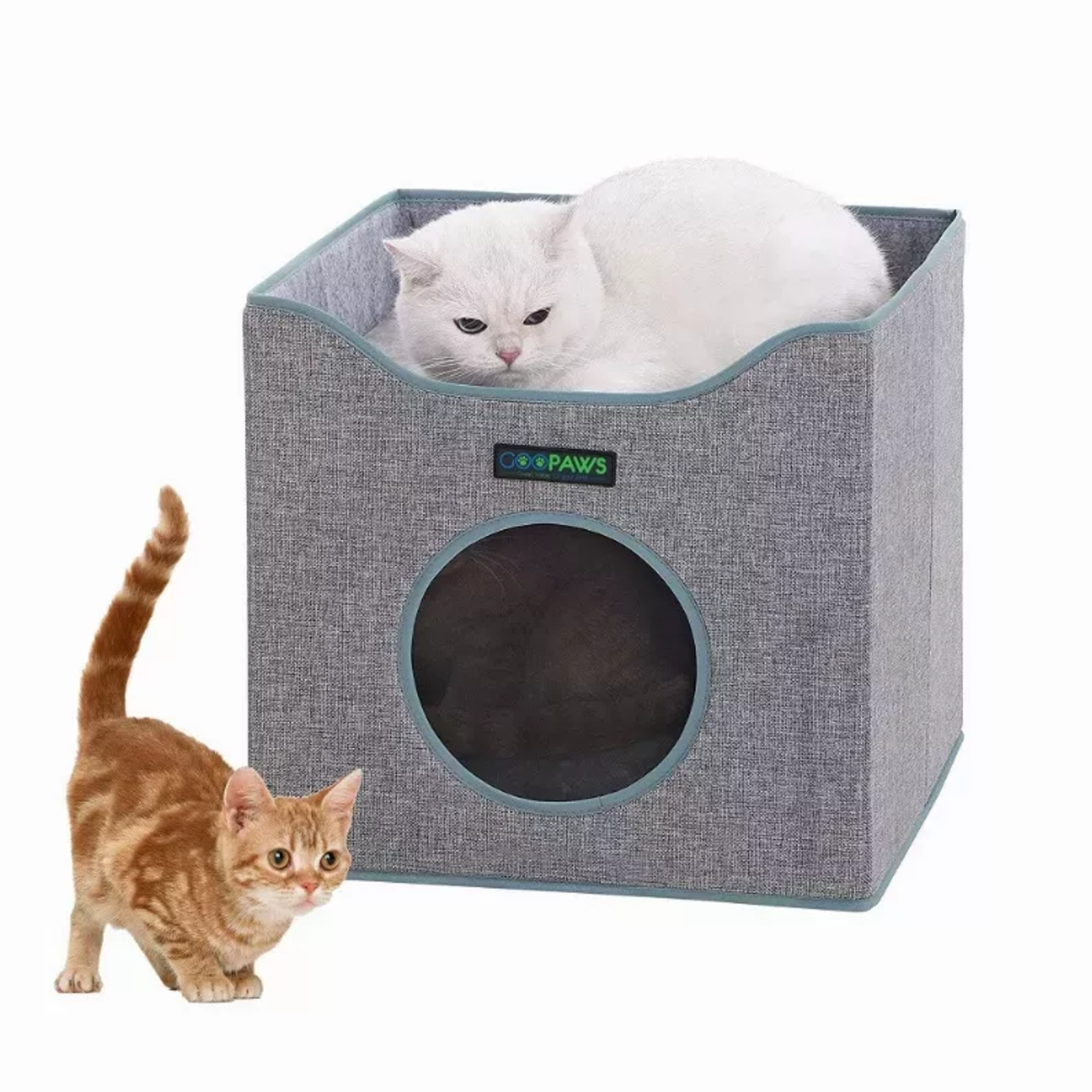 JESPET Foldable Cat Condo, Cat Cube House & Sleepping Bed with Lying Surface and 2 Reversible Cushions, Cat Hiding Place, Cat Cave, Linenette Fabric, Felt and Engineered Wood, Scratch Resista Image 1