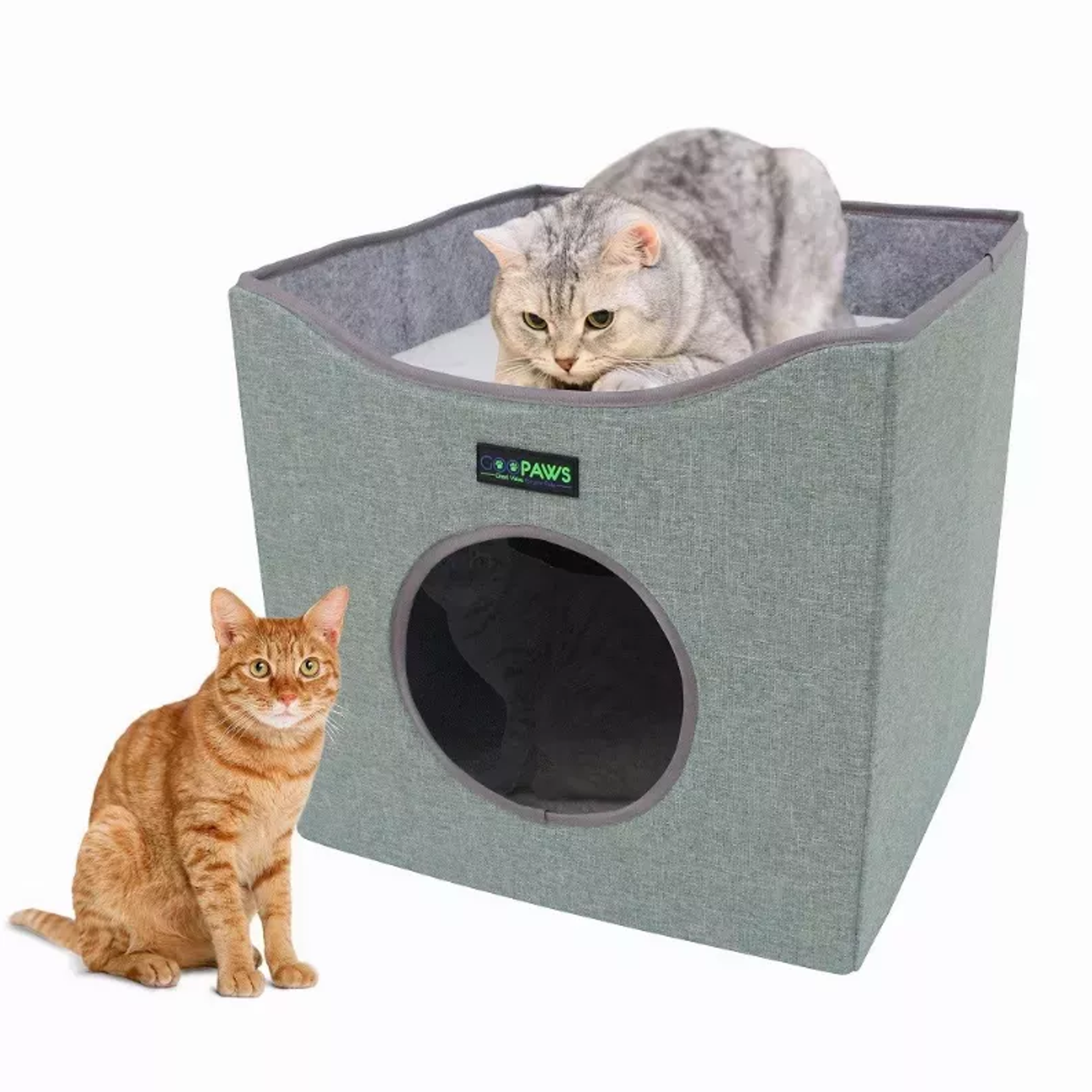 JESPET Foldable Cat Condo, Cat Cube House & Sleepping Bed with Lying Surface and 2 Reversible Cushions, Cat Hiding Place, Cat Cave, Linenette Fabric, Felt and Engineered Wood, Scratch Resista Image 1