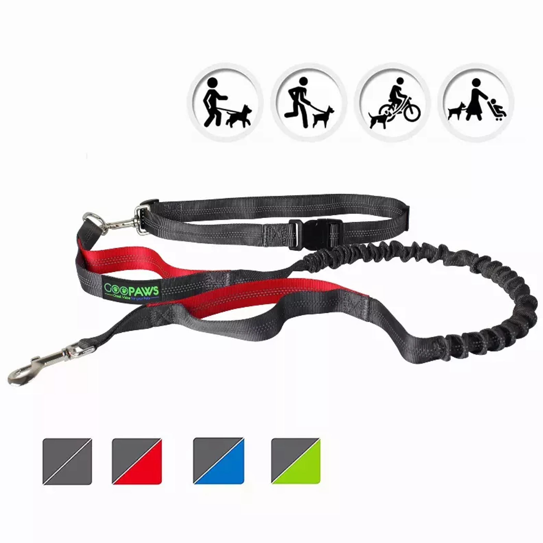 JESPET Hands Free Dog Leash for Running, Walking, Hiking Jogging for Medium & Large Dogs up to 150lbs, Durable Dual Handle Waist Leash with Reflective Bungee and Adjustable Waist Image 1