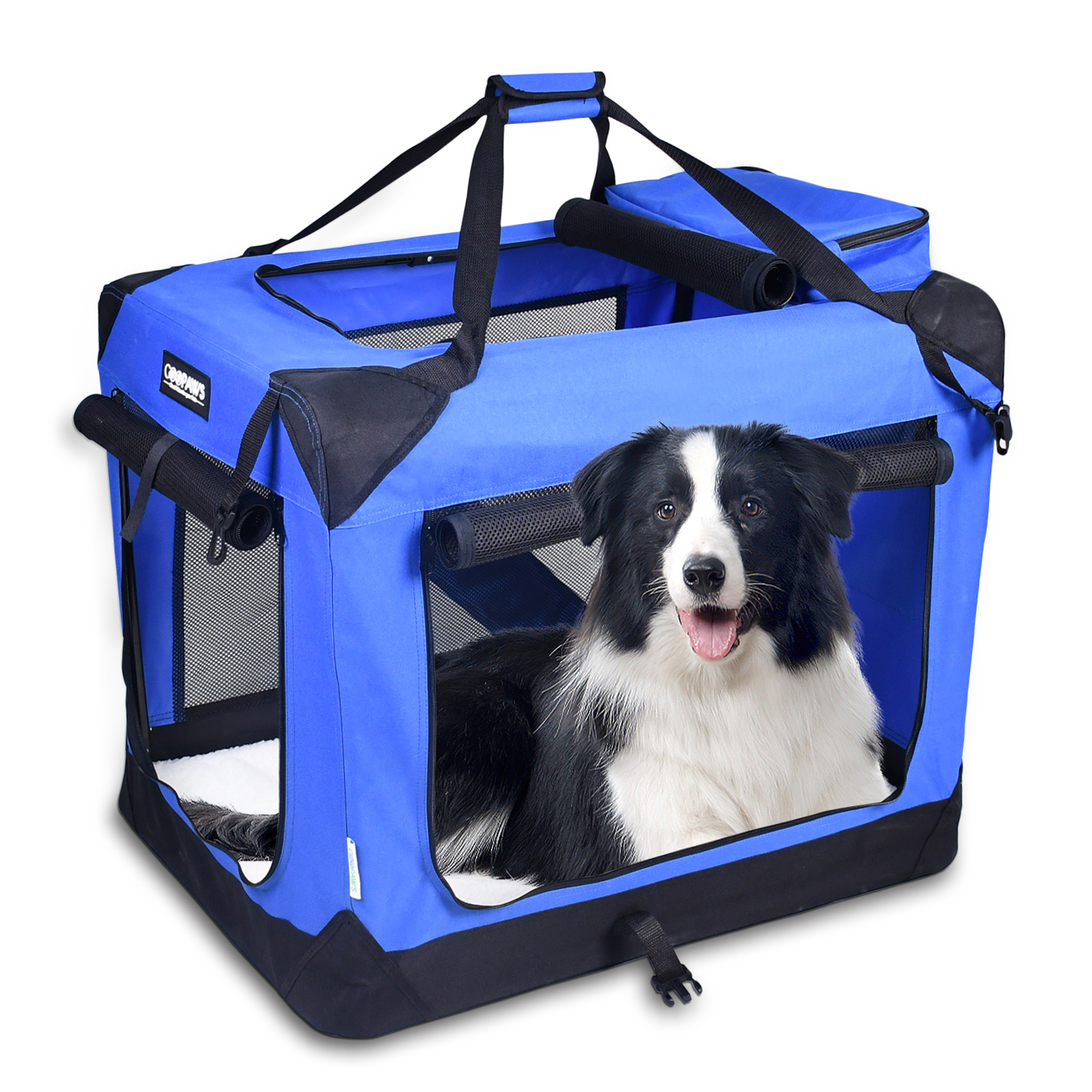 JESPET Soft Pet Crates Kennel, 3 Door Soft Sided Folding Travel Pet Carrier with Straps and Fleece Mat for Dogs, Cats, Rabbits, Indoor/Outdoor Use with Grey, Blue & Beige, Black Image 1