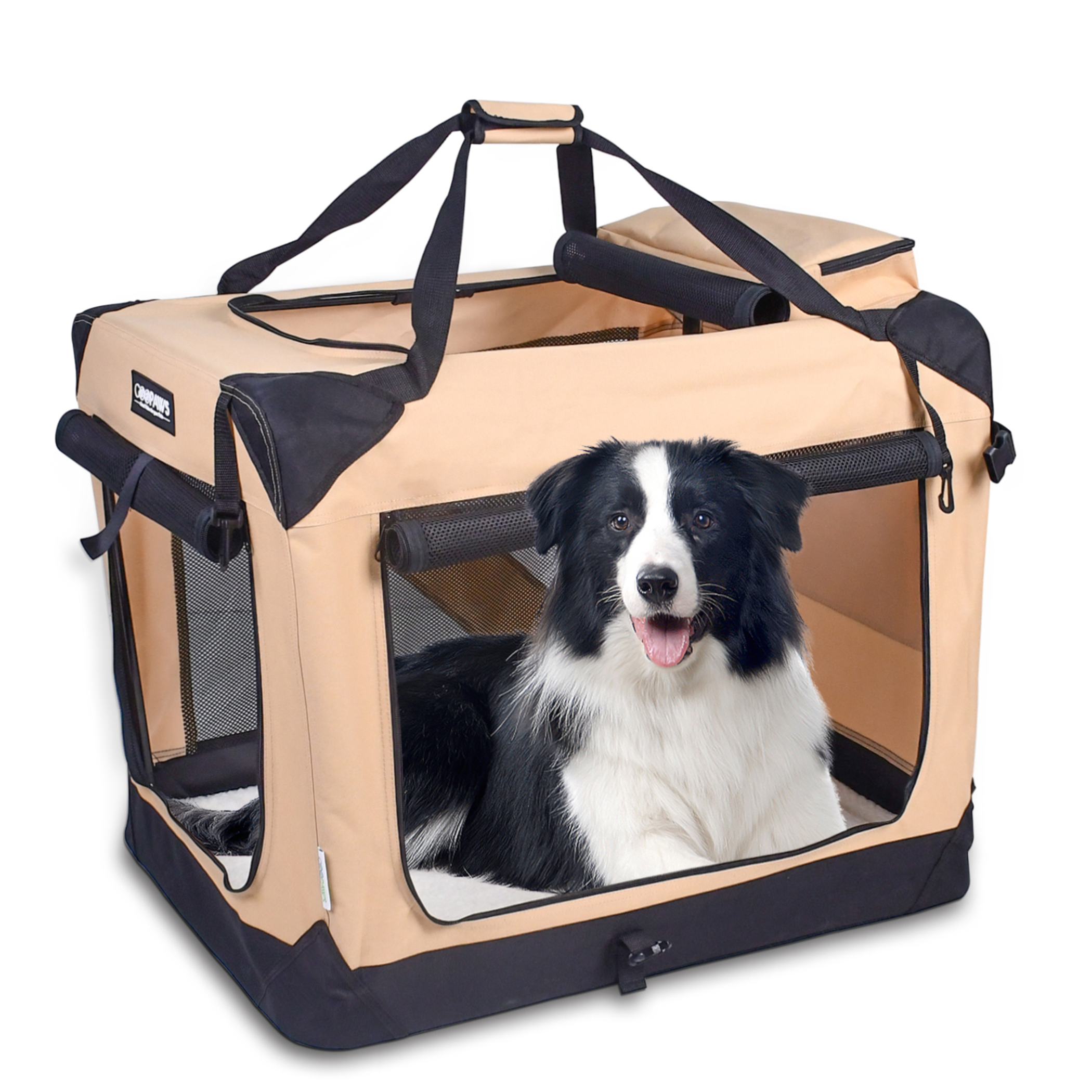 JESPET Soft Pet Crates Kennel, 3 Door Soft Sided Folding Travel Pet Carrier with Straps and Fleece Mat for Dogs, Cats, Rabbits, Indoor/Outdoor Use with Grey, Blue & Beige, Black Image 1