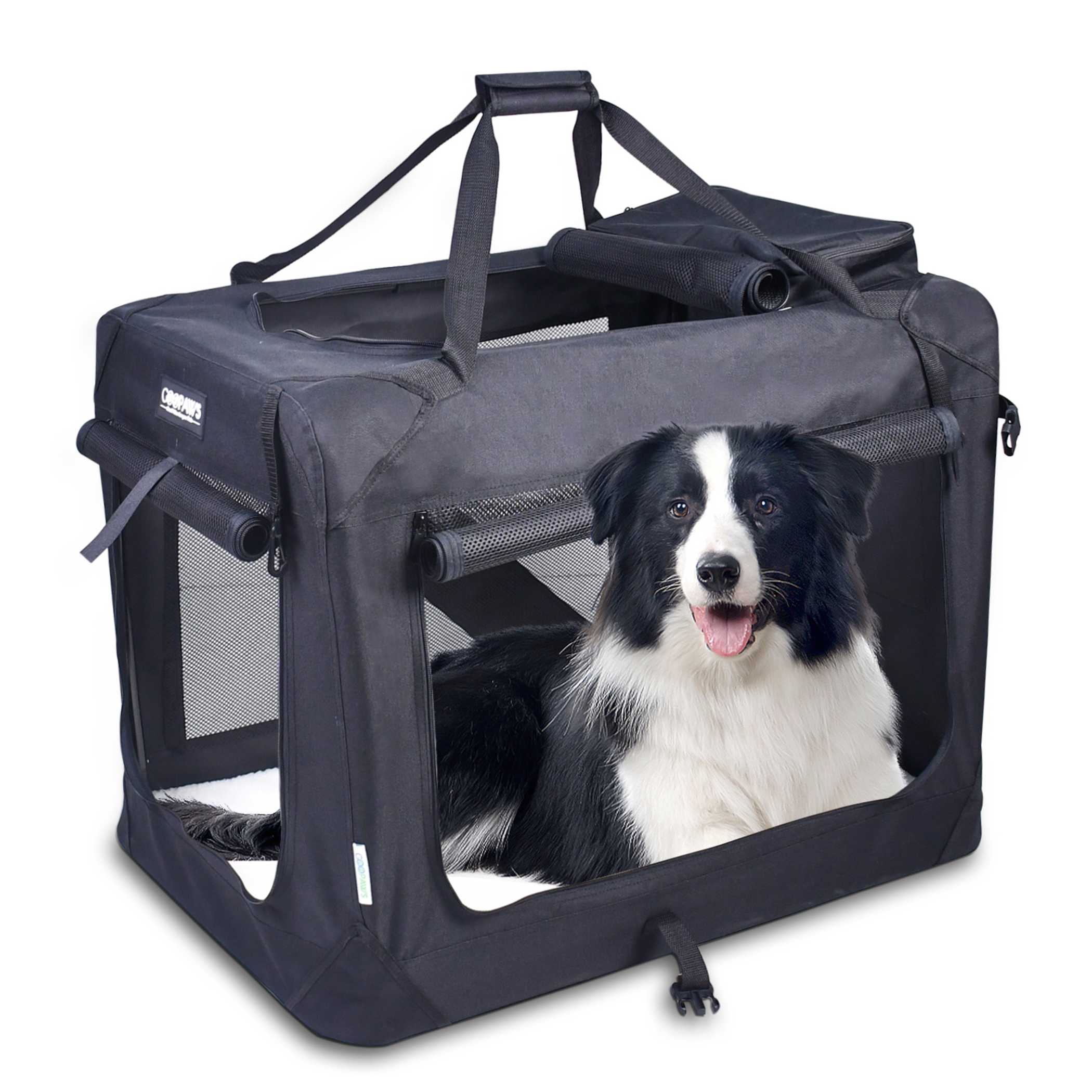 JESPET Soft Pet Crates Kennel, 3 Door Soft Sided Folding Travel Pet Carrier with Straps and Fleece Mat for Dogs, Cats, Rabbits, Indoor/Outdoor Use with Grey, Blue & Beige, Black Image 1