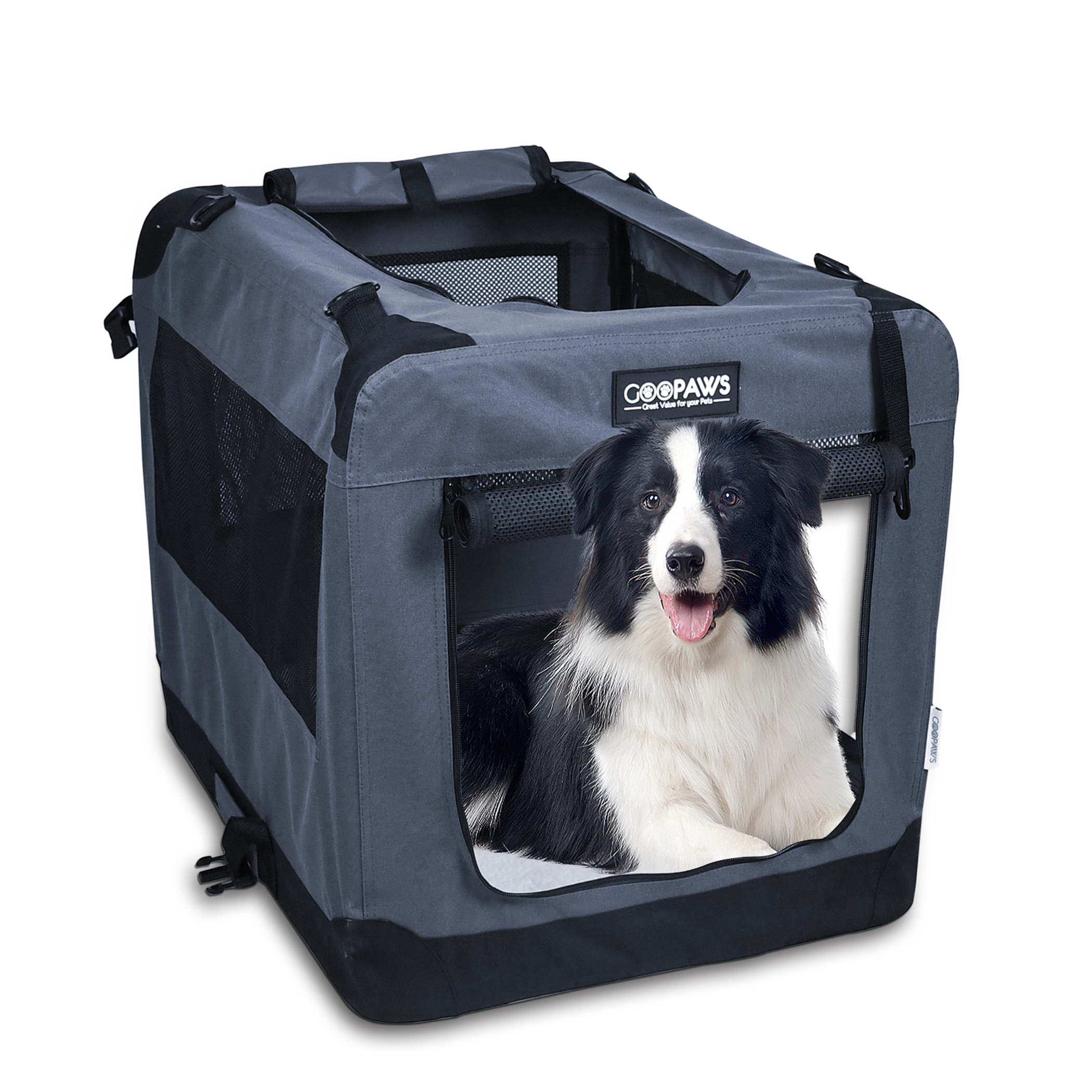JESPET Soft Pet Crates Kennel, 3 Door Soft Sided Folding Travel Pet Carrier with Straps and Fleece Mat for Dogs, Cats, Rabbits, Indoor/Outdoor Use with Grey, Blue & Beige, Black Image 1