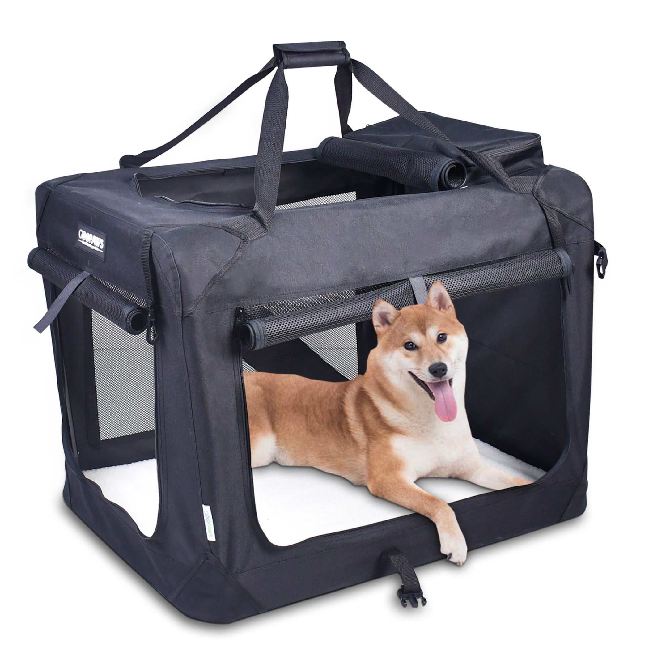 JESPET Soft Pet Crates Kennel, 3 Door Soft Sided Folding Travel Pet Carrier with Straps and Fleece Mat for Dogs, Cats, Rabbits, Indoor/Outdoor Use with Grey, Blue & Beige, Black Image 1