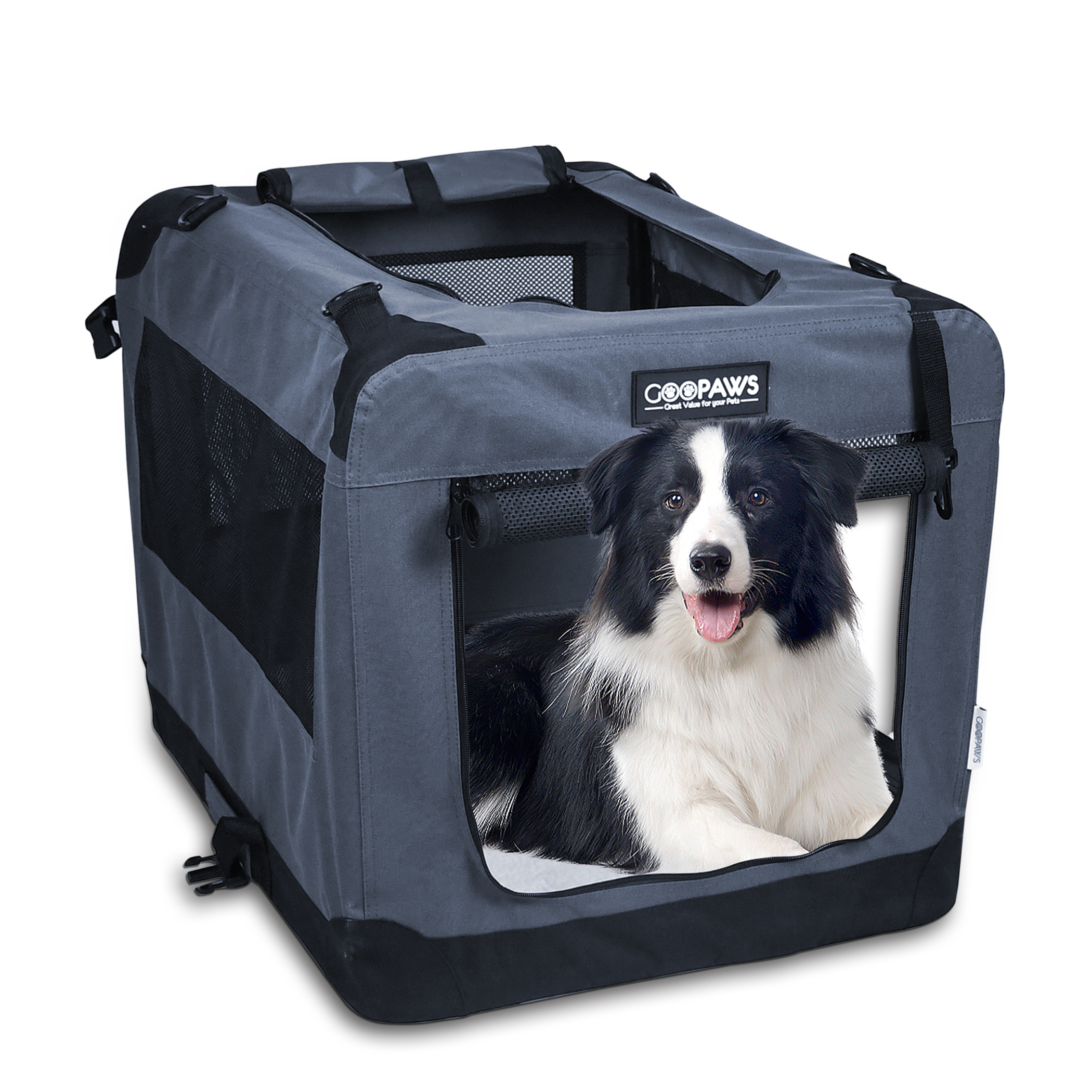 JESPET Soft Pet Crates Kennel, 3 Door Soft Sided Folding Travel Pet Carrier with Straps and Fleece Mat for Dogs, Cats, Rabbits, Indoor/Outdoor Use with Grey, Blue & Beige, Black Image 1