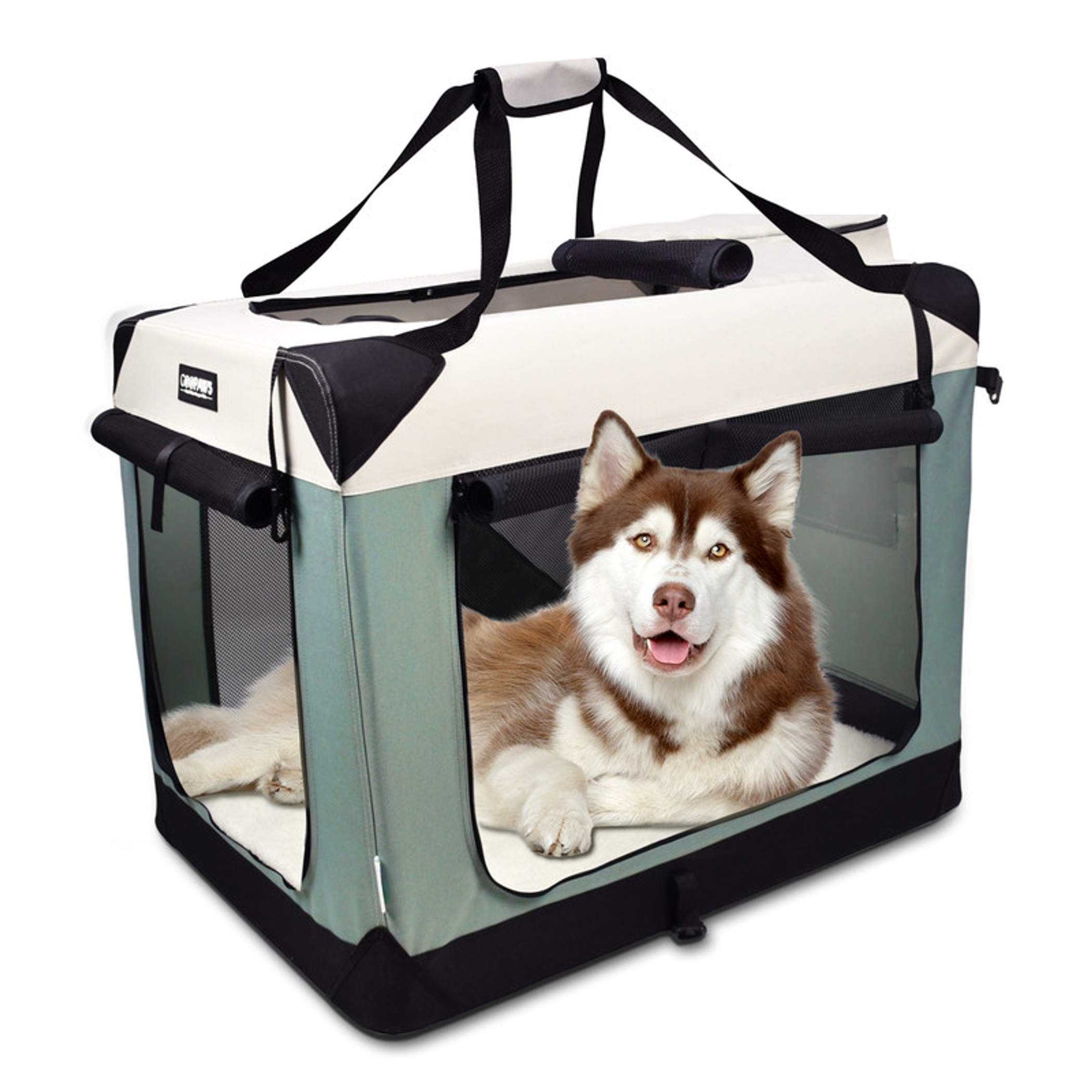 GOOPAWS 3-Door Collapsible Soft-Sided Dog & Cat Crate 36 x 24 x 27 inches Shale Green