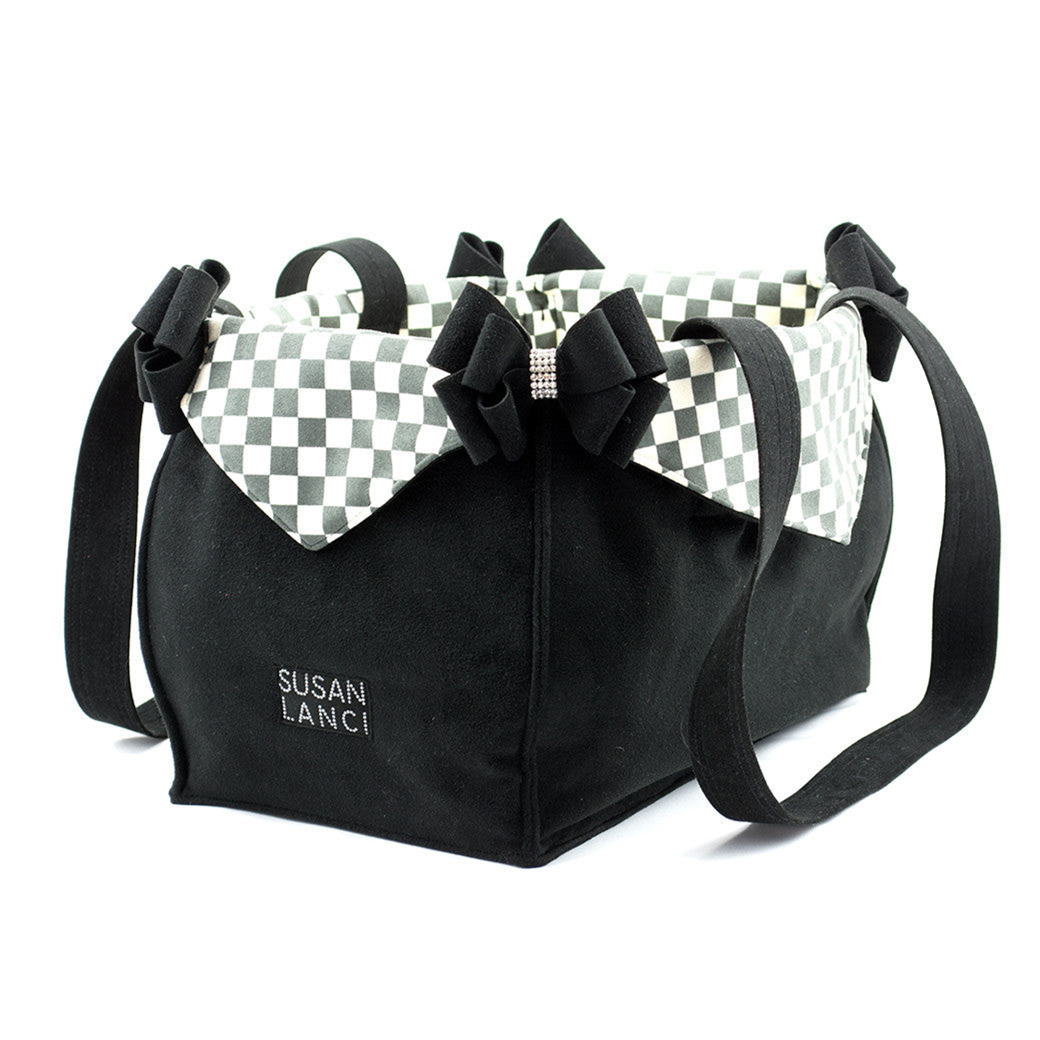 Susan Lanci Designs Black Double Nouveau Bow Luxury Carrier with Windsor Check Flaps Image 1