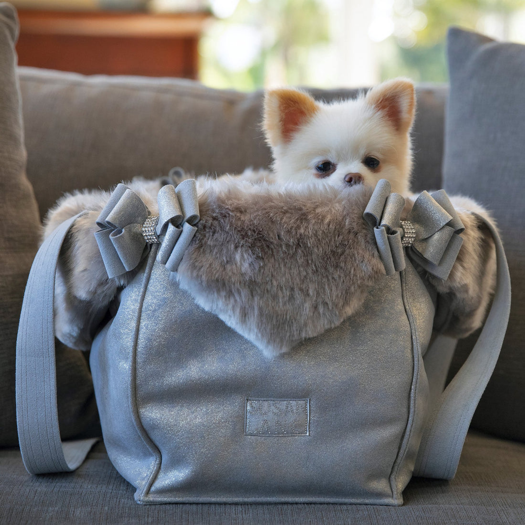 Susan Lanci Designs Platinum Glitzerati Double Nouveau Bow Luxury Carrier with Fur Trim Image 1