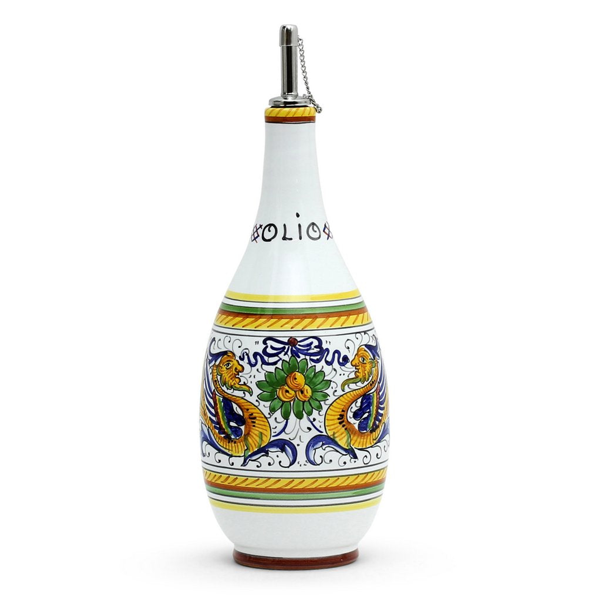 Oil Vinegar Bottle 24 Oz Hand Painted Earthenware Ceramic 4 Inches Diameter 10 Inches High With Stainless Steel Pourer Made in Italy