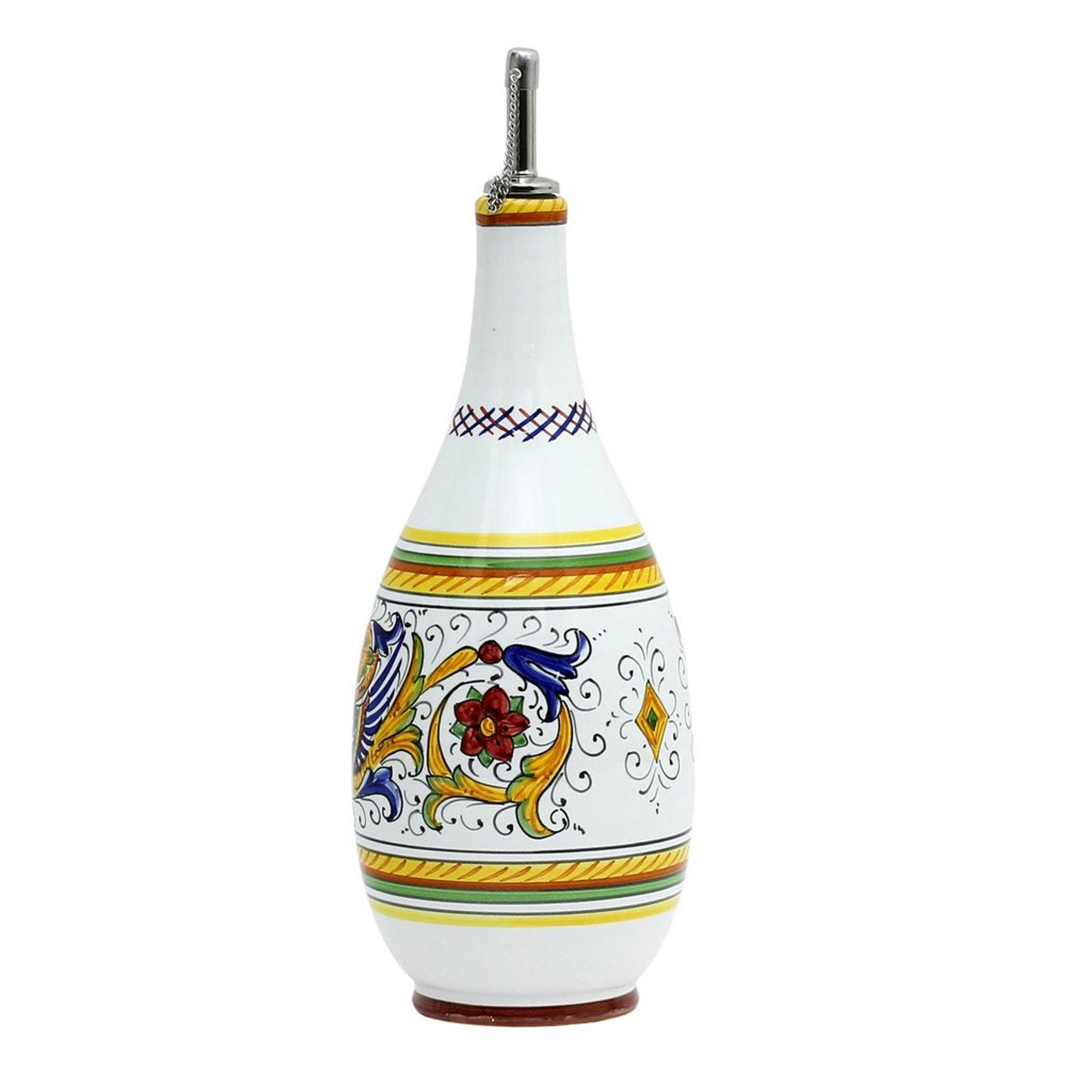 Oil Vinegar Bottle 24 Oz Hand Painted Earthenware Ceramic 4 Inches Diameter 10 Inches High With Stainless Steel Pourer Made in Italy