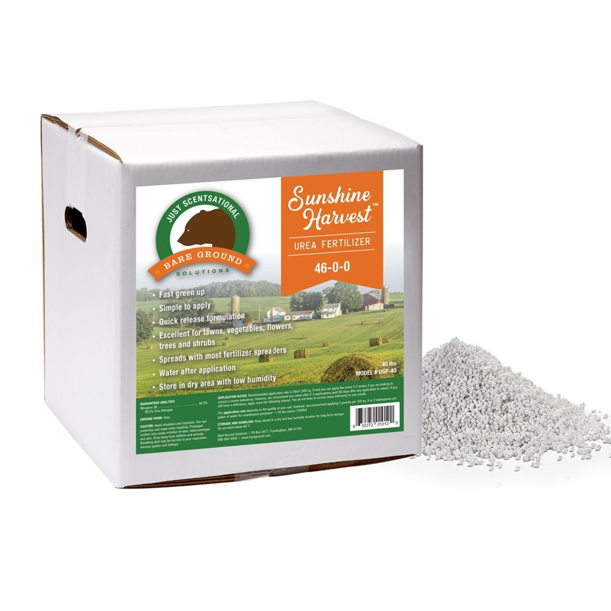 Fertilizer Urea 99% Pure Nitrogen 40lb Fast Release Green Up Application Compatible with Most Spreaders NPK 46-0-0