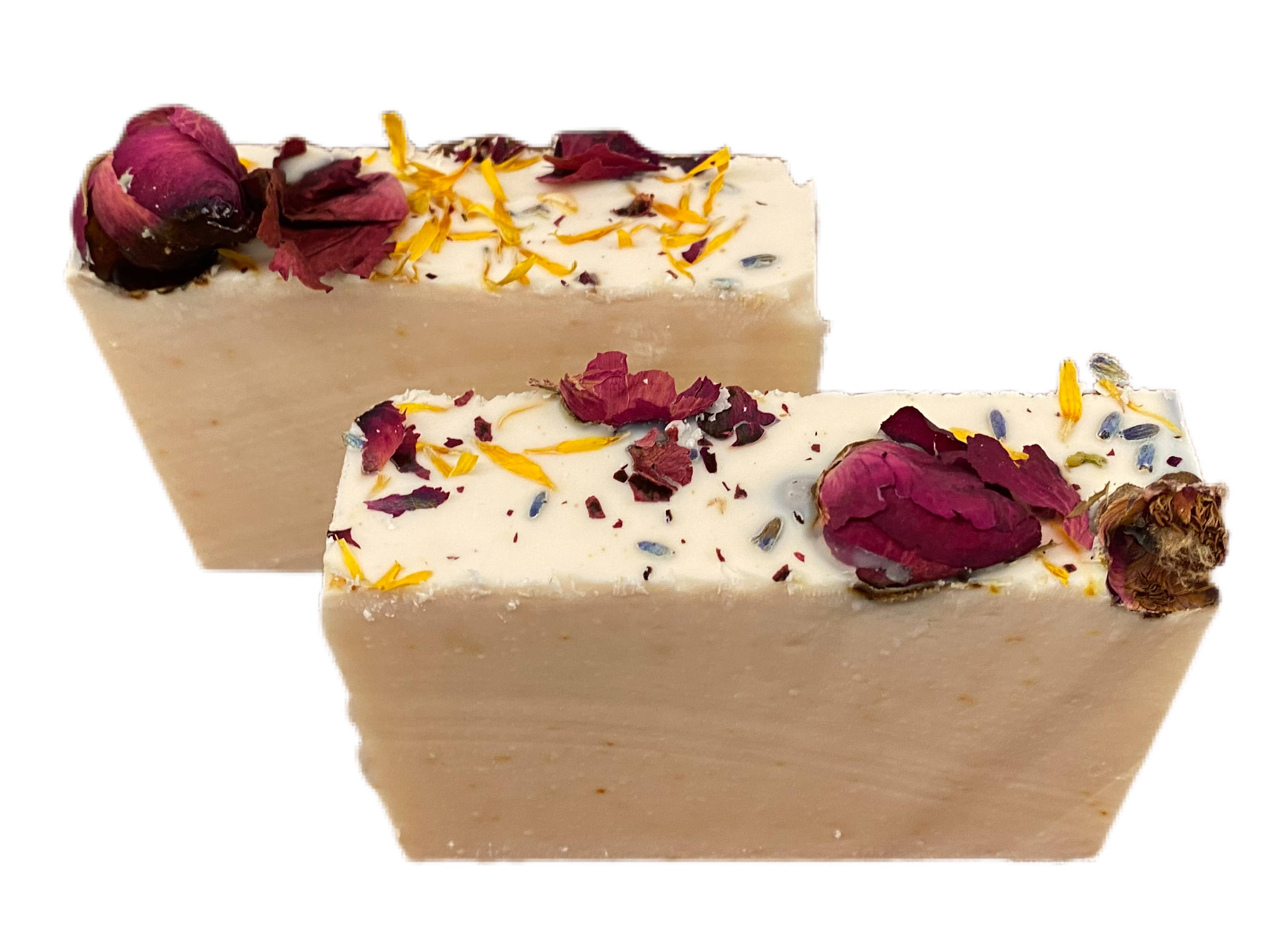 Soap Detoxifying Pink Kaolin Clay Geranium Bar Topped with Dry Roses Calendula Other Flowers Net Weight 4 Ounces