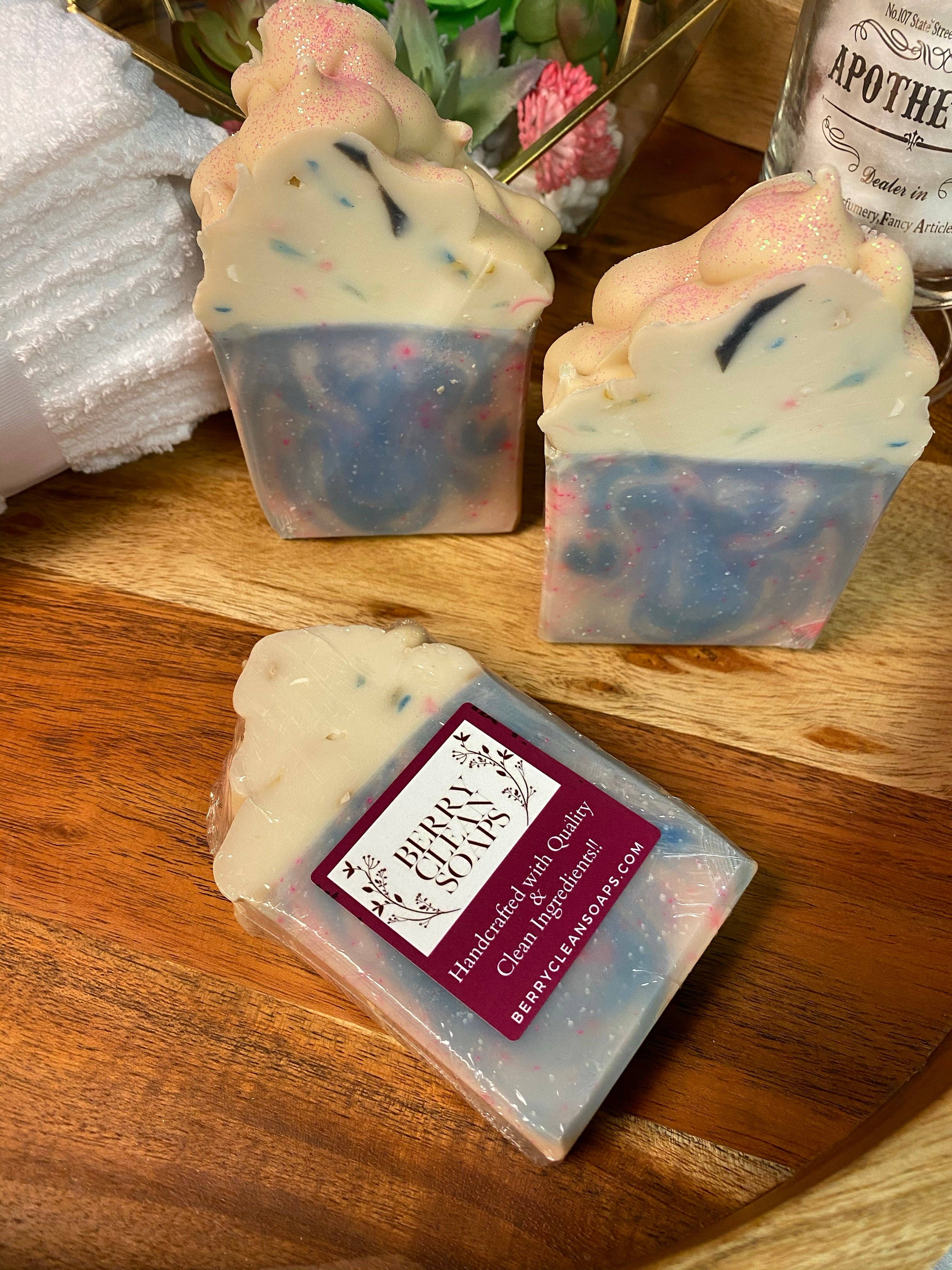 Soap Cotton Candy Scented Handmade Moisturizing Medium Size Bubbles Organic Cleansing 5oz 3.5in Height 2.5in Width 1in Thick