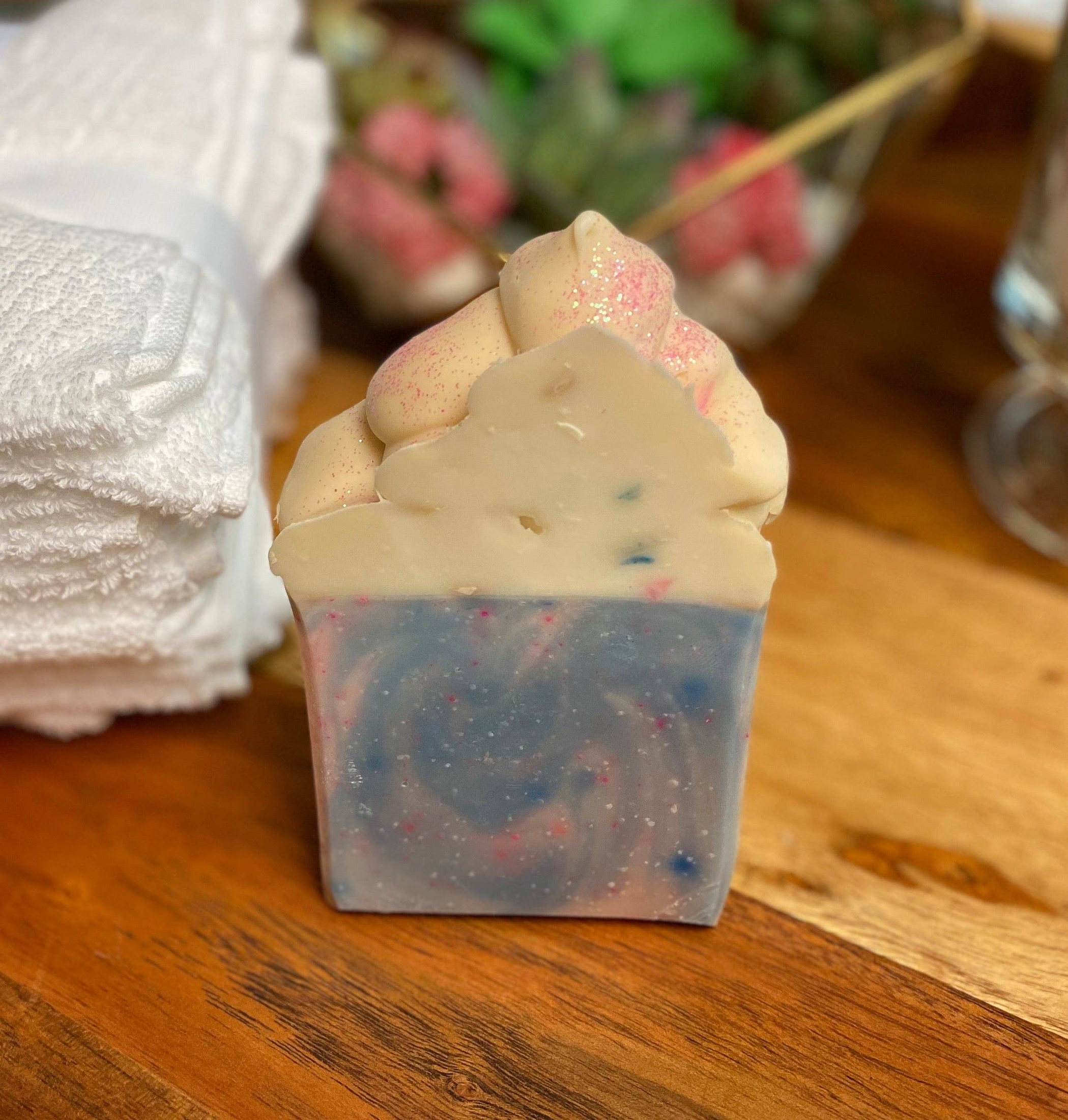 Soap Cotton Candy Scented Handmade Moisturizing Medium Size Bubbles Organic Cleansing 5oz 3.5in Height 2.5in Width 1in Thick