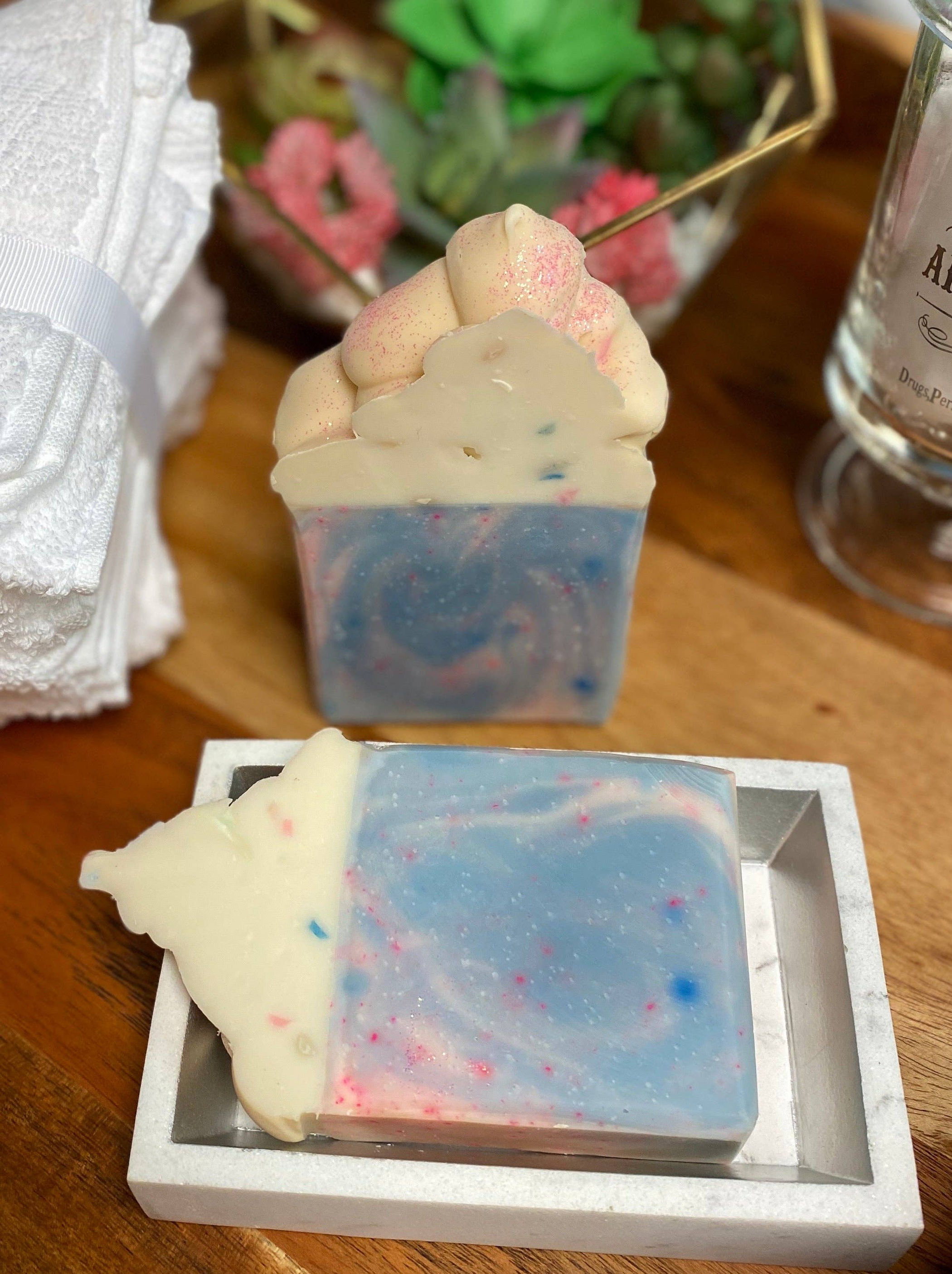 Soap Cotton Candy Scented Handmade Moisturizing Medium Size Bubbles Organic Cleansing 5oz 3.5in Height 2.5in Width 1in Thick