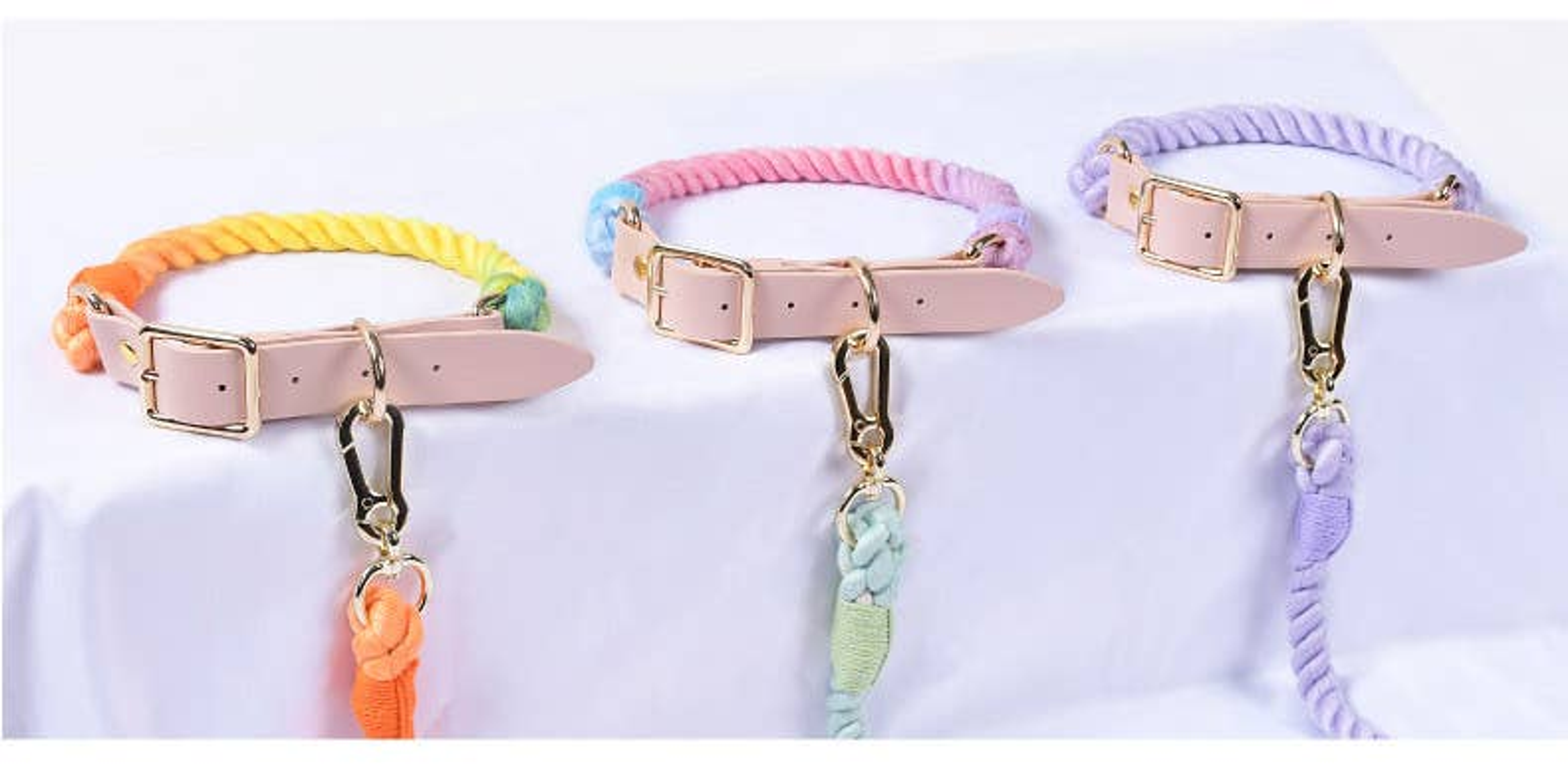 Collar Dog Rope Harness Leather 100% Hand Woven Cotton Solid Brass Hardware 15-24 Inches Pink
