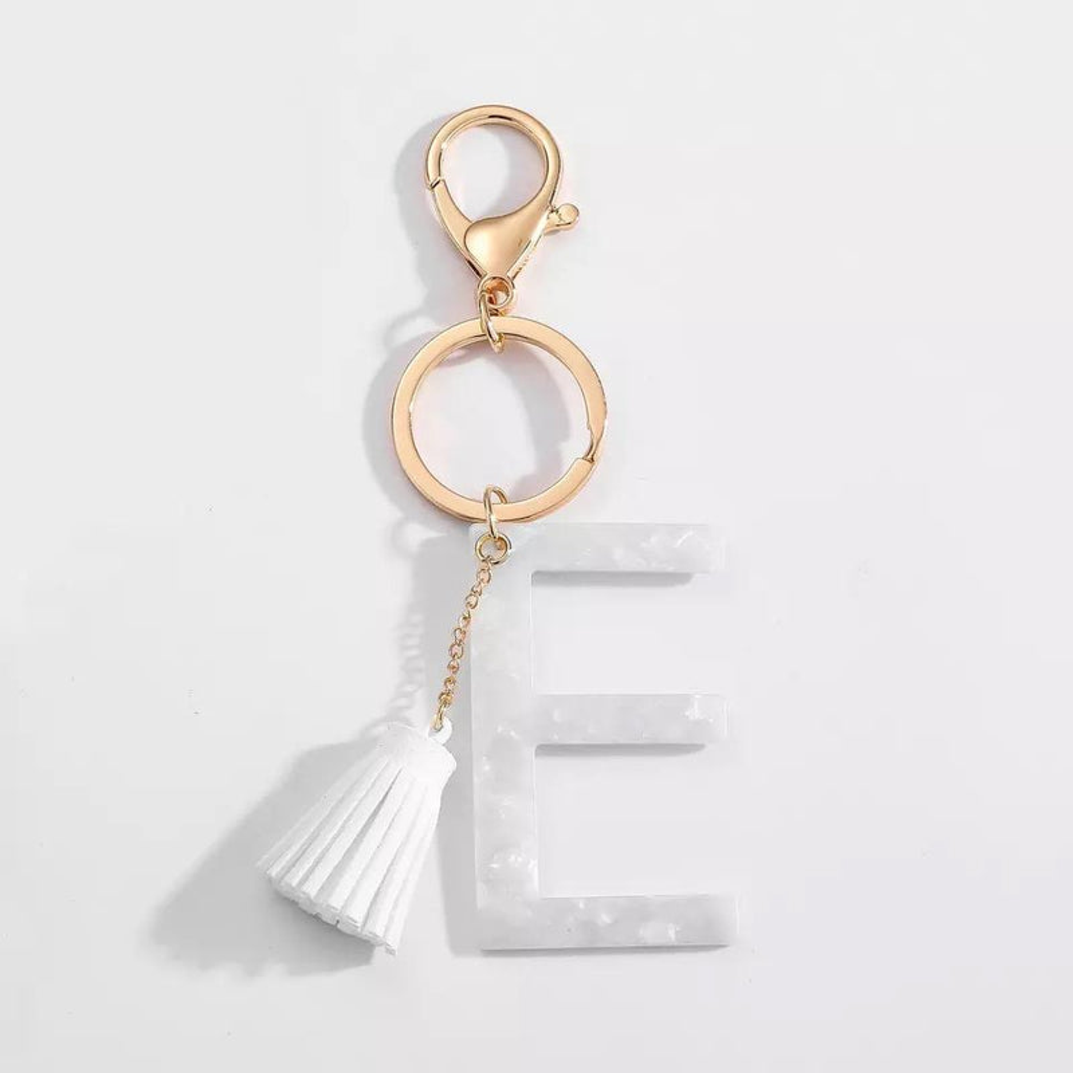 Key Chain Initial 1.5 Inch x 4 Inch White Tassel Chic Clean Design