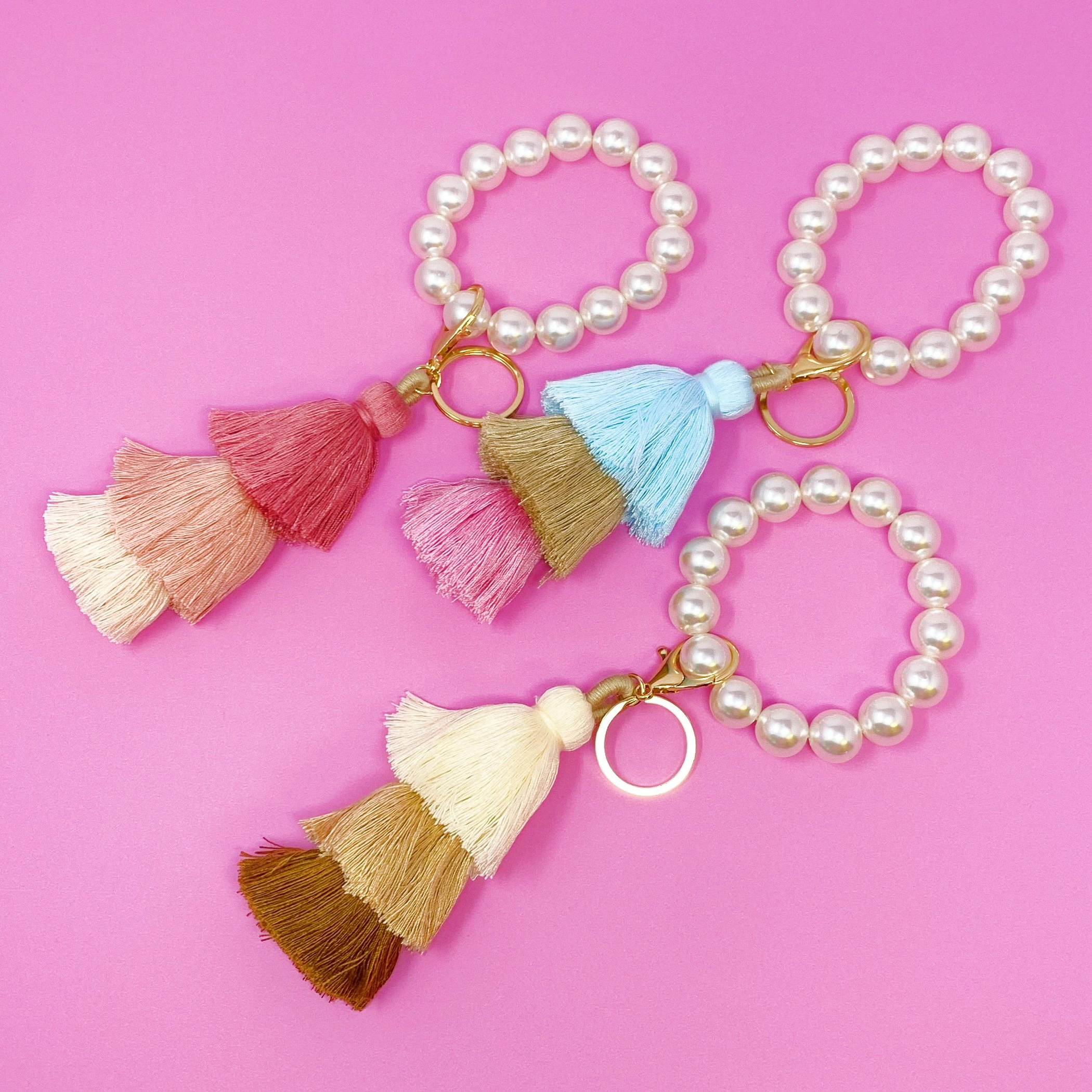 Key Chain Key Holder Large Pearl Bead Handle 3 Tier Chubby Tassel Gold Hardware 9 Inches Long