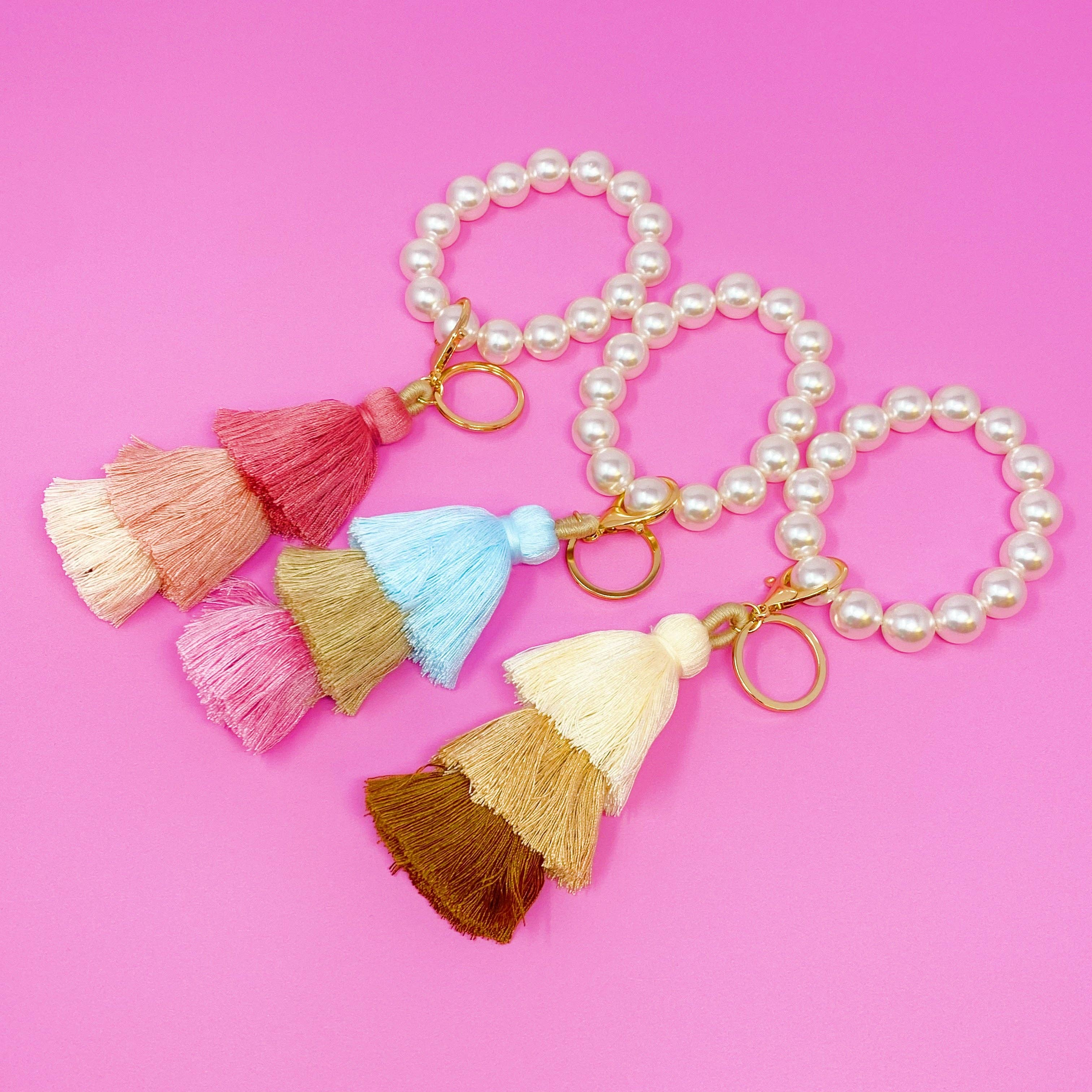 Key Chain Key Holder Large Pearl Bead Handle 3 Tier Chubby Tassel Gold Hardware 9 Inches Long