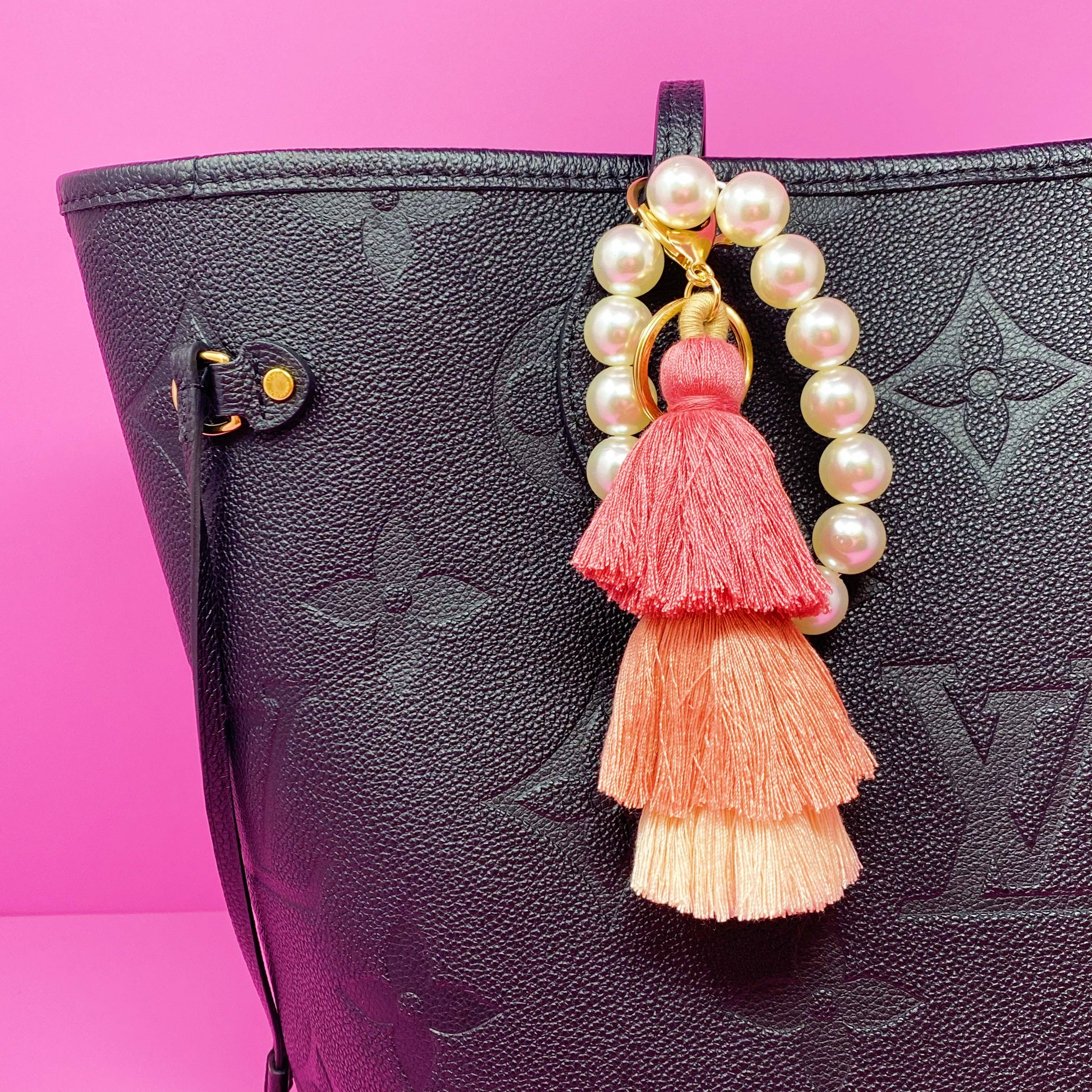 Key Chain Key Holder Large Pearl Bead Handle 3 Tier Chubby Tassel Gold Hardware 9 Inches Long