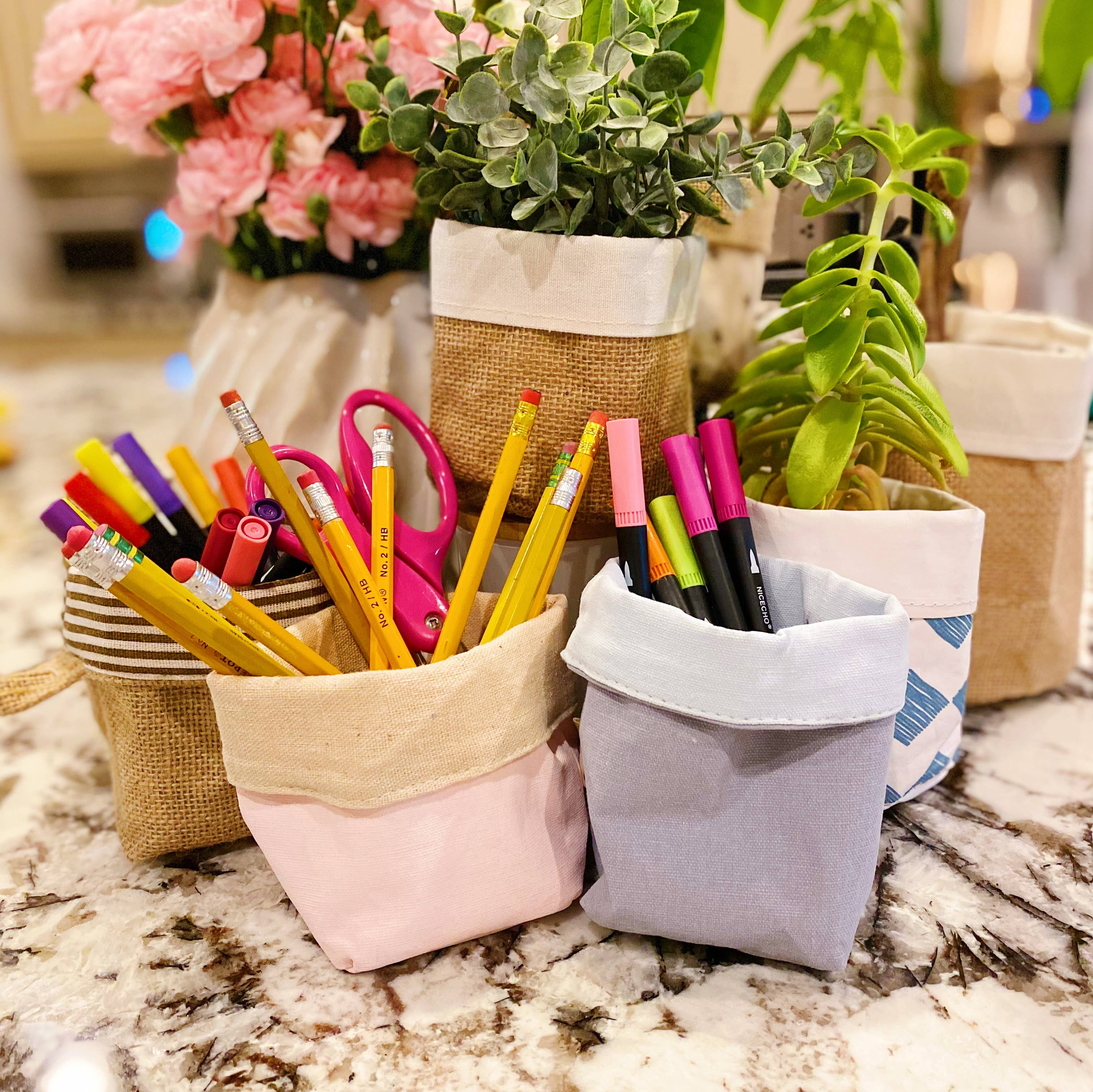 Plant Cover Reversible Burlap and Canvas Small Indoor Pots Approximately 4 Inches Cute Desk Pencil Holders