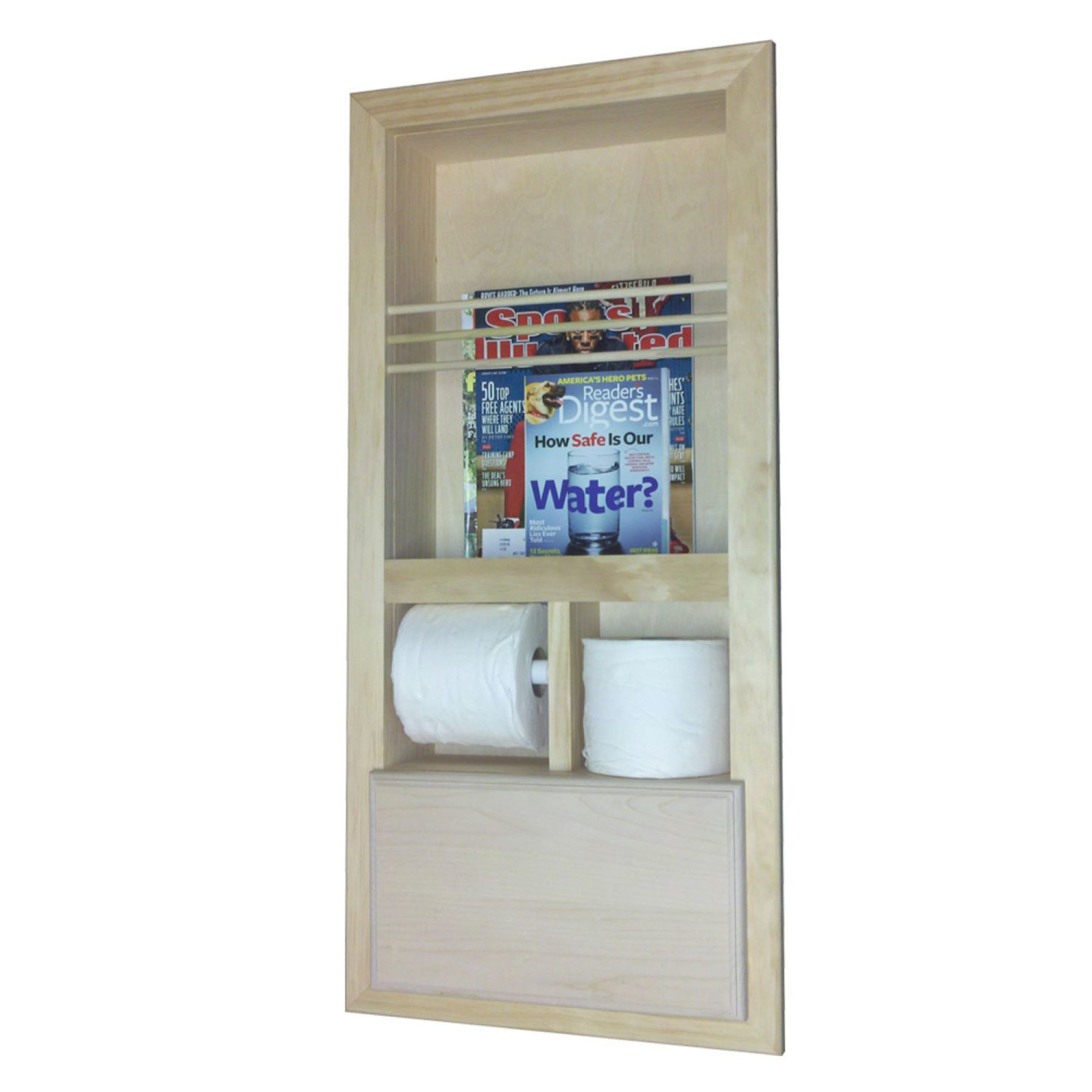 Toilet Paper Holder Recessed Magazine Rack Standard Size For 2x4 Walls Solid Pine White Plastic Roller Chrome Knob 15x31.5x3.5 Inches