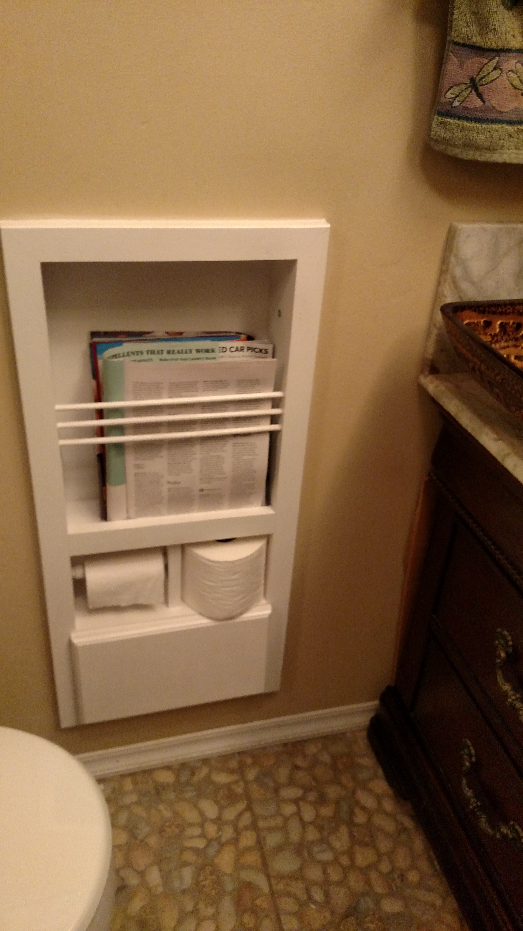 Toilet Paper Holder Recessed Magazine Rack Standard Size For 2x4 Walls Solid Pine White Plastic Roller Chrome Knob 15x31.5x3.5 Inches