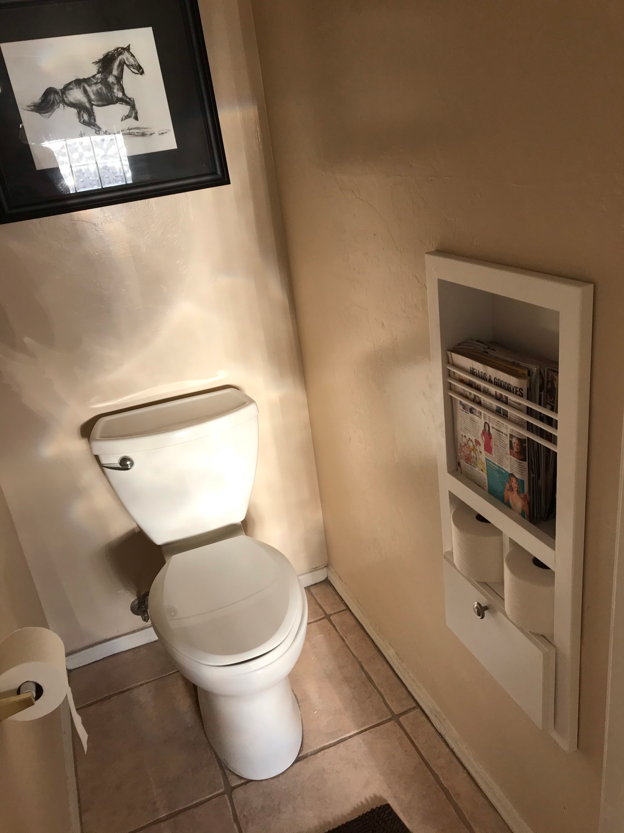 Toilet Paper Holder Recessed Magazine Rack Standard Size For 2x4 Walls Solid Pine White Plastic Roller Chrome Knob 15x31.5x3.5 Inches
