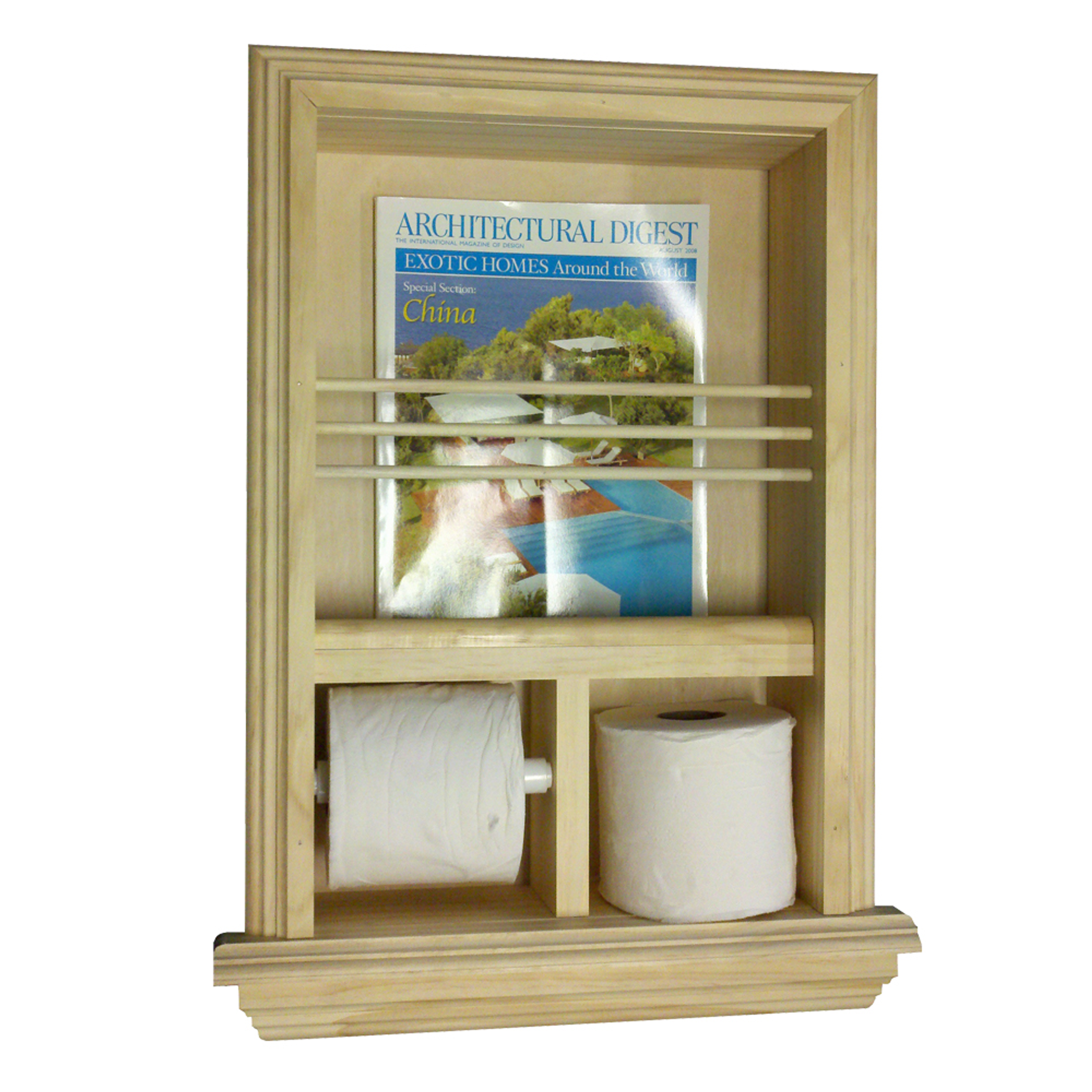 Toilet Paper Holder Recessed Magazine Rack White Plastic Stain Grade Unfinished Solid Pine 16w x 23h x 3.5d Fits Standard 2 x 4 Walls