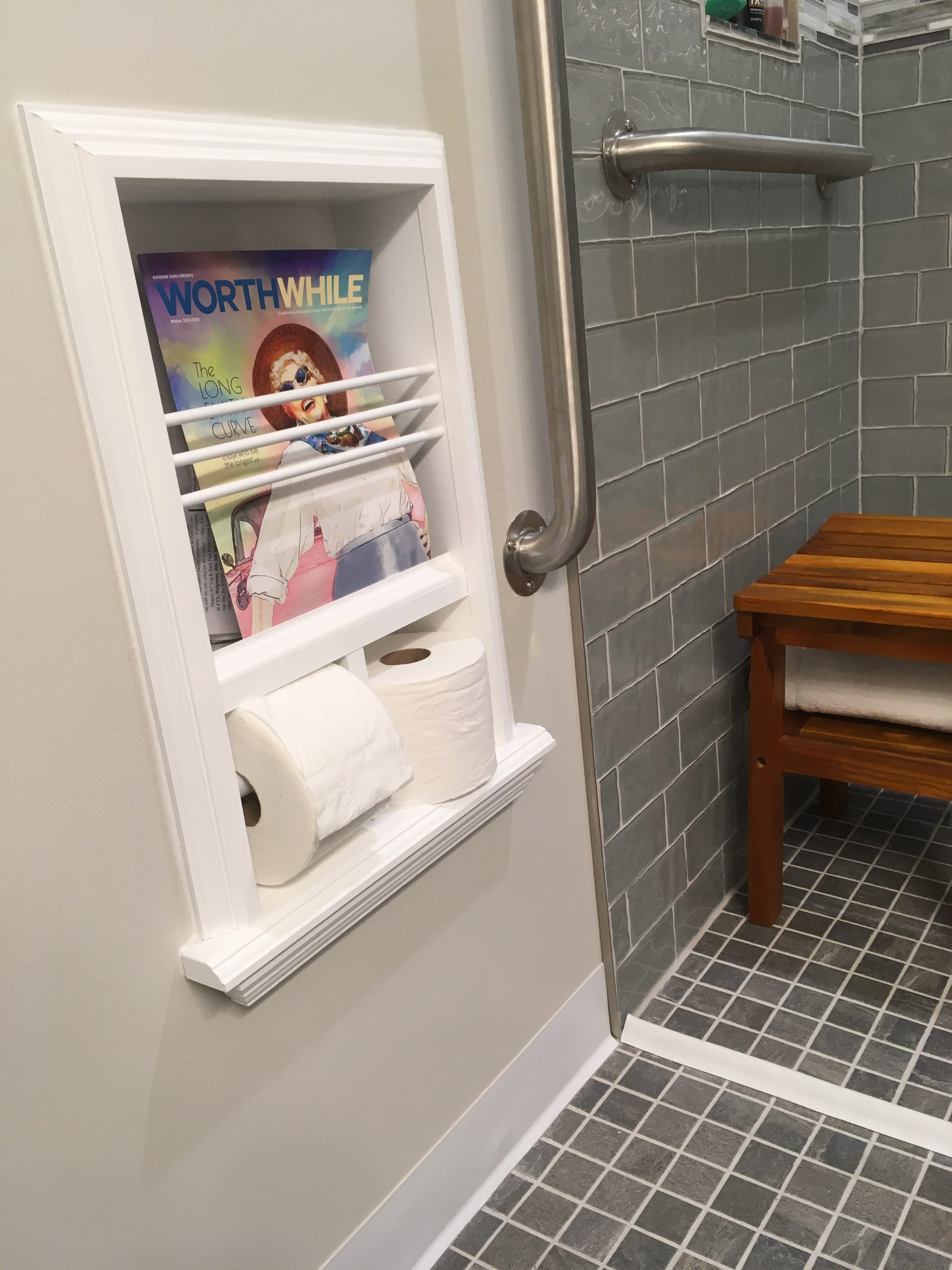 Toilet Paper Holder Recessed Magazine Rack White Plastic Stain Grade Unfinished Solid Pine 16w x 23h x 3.5d Fits Standard 2 x 4 Walls