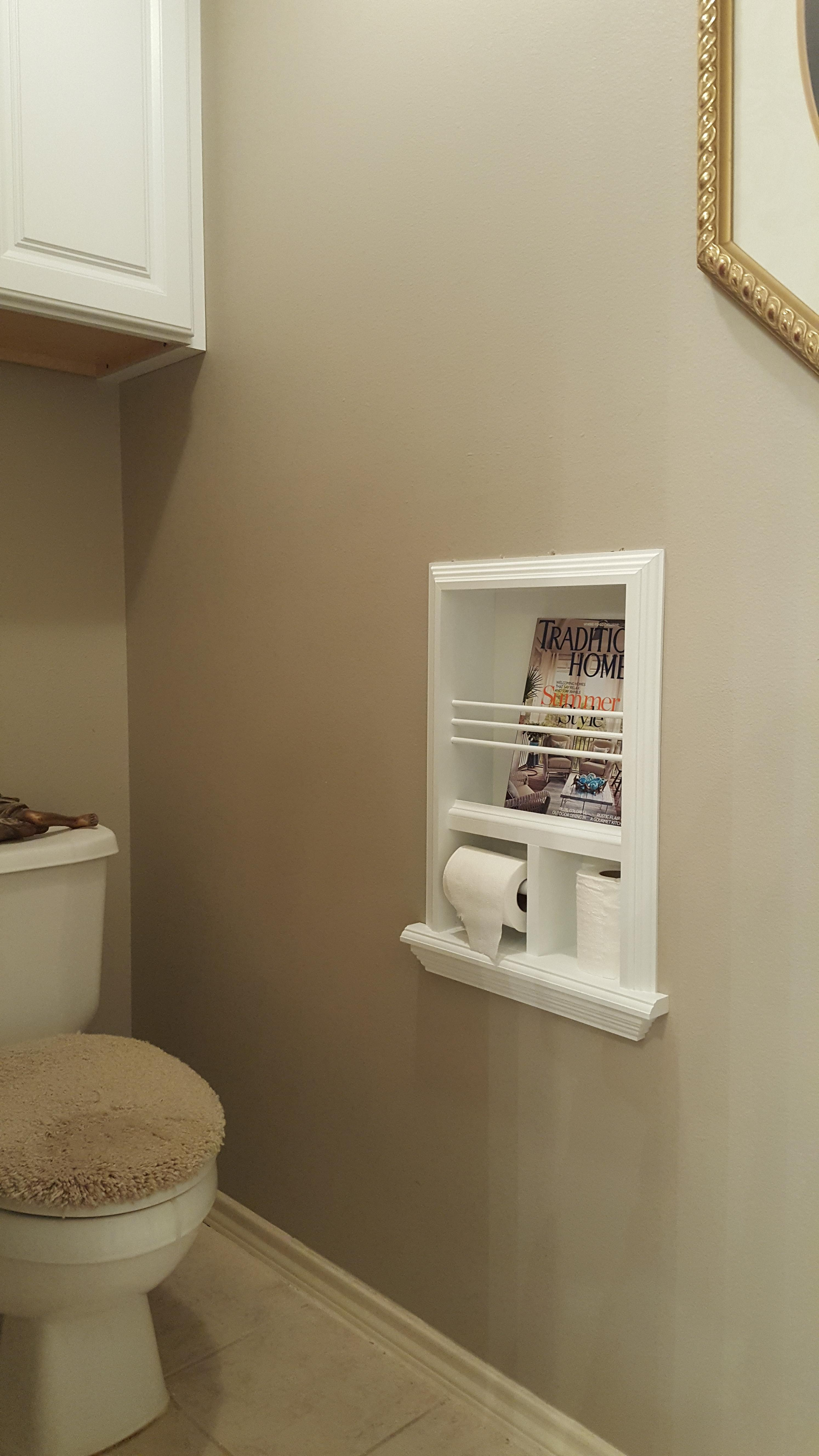 Toilet Paper Holder Recessed Magazine Rack White Plastic Stain Grade Unfinished Solid Pine 16w x 23h x 3.5d Fits Standard 2 x 4 Walls