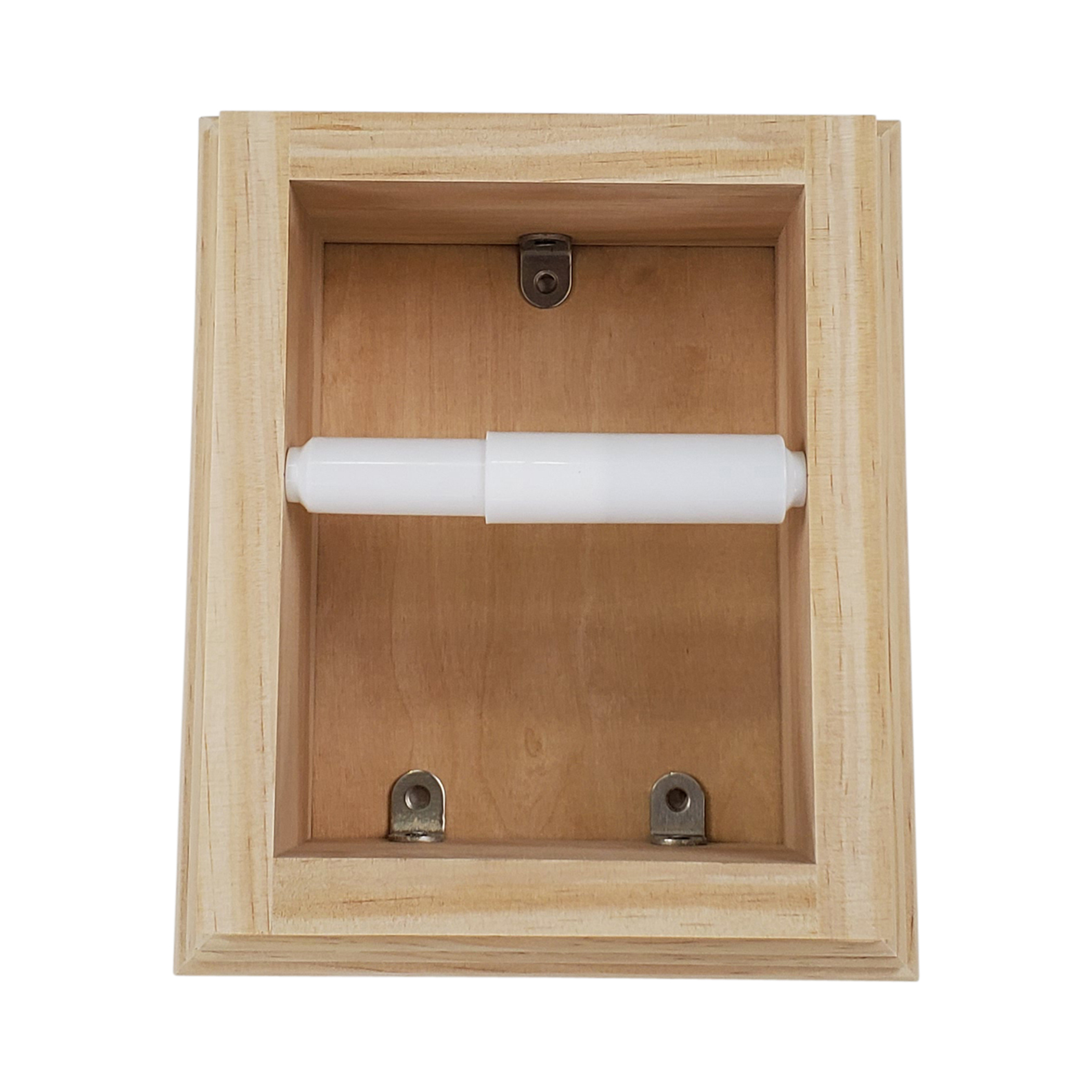 Toilet Paper Holder Wall Mounted Solid Wood 10h x 8.5w x 3.5d White Plastic Roller Installation Easy Handcrafted USA