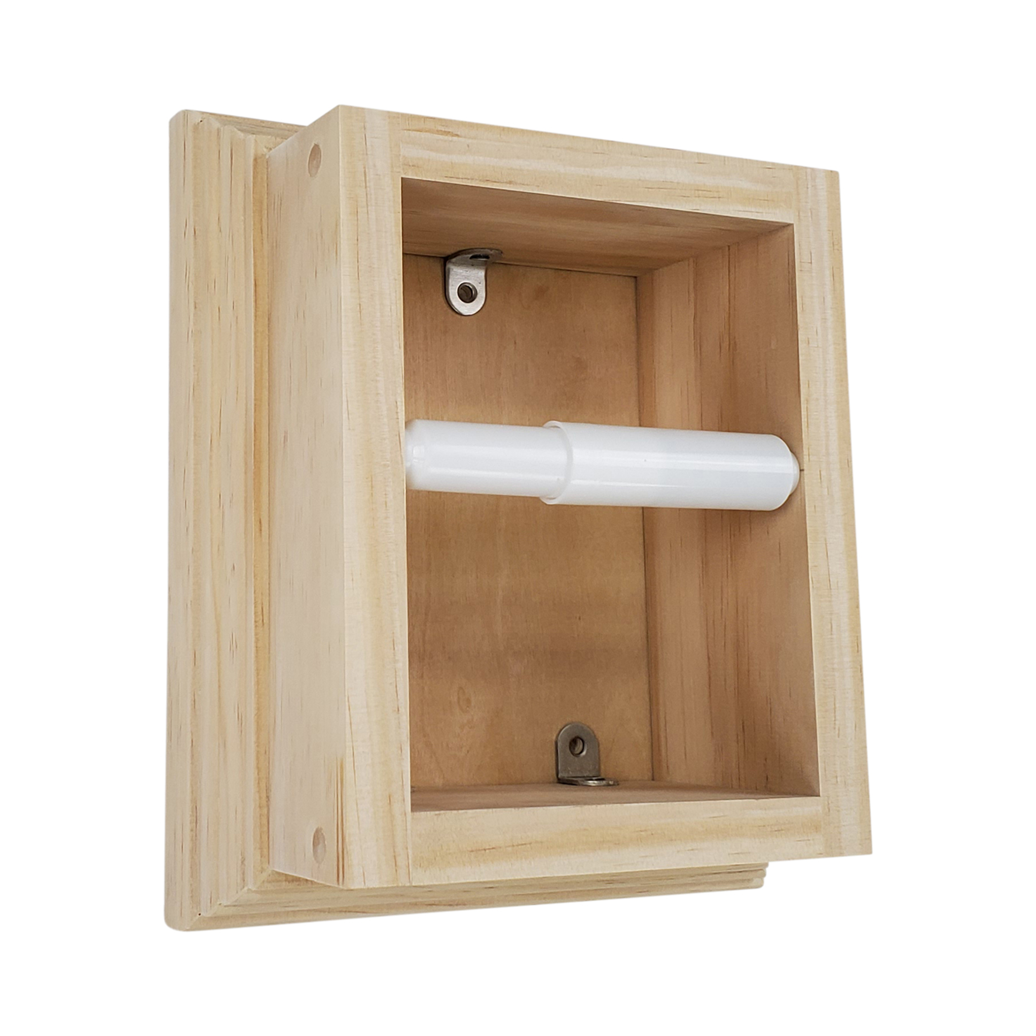 Toilet Paper Holder Wall Mounted Solid Wood 10h x 8.5w x 3.5d White Plastic Roller Installation Easy Handcrafted USA
