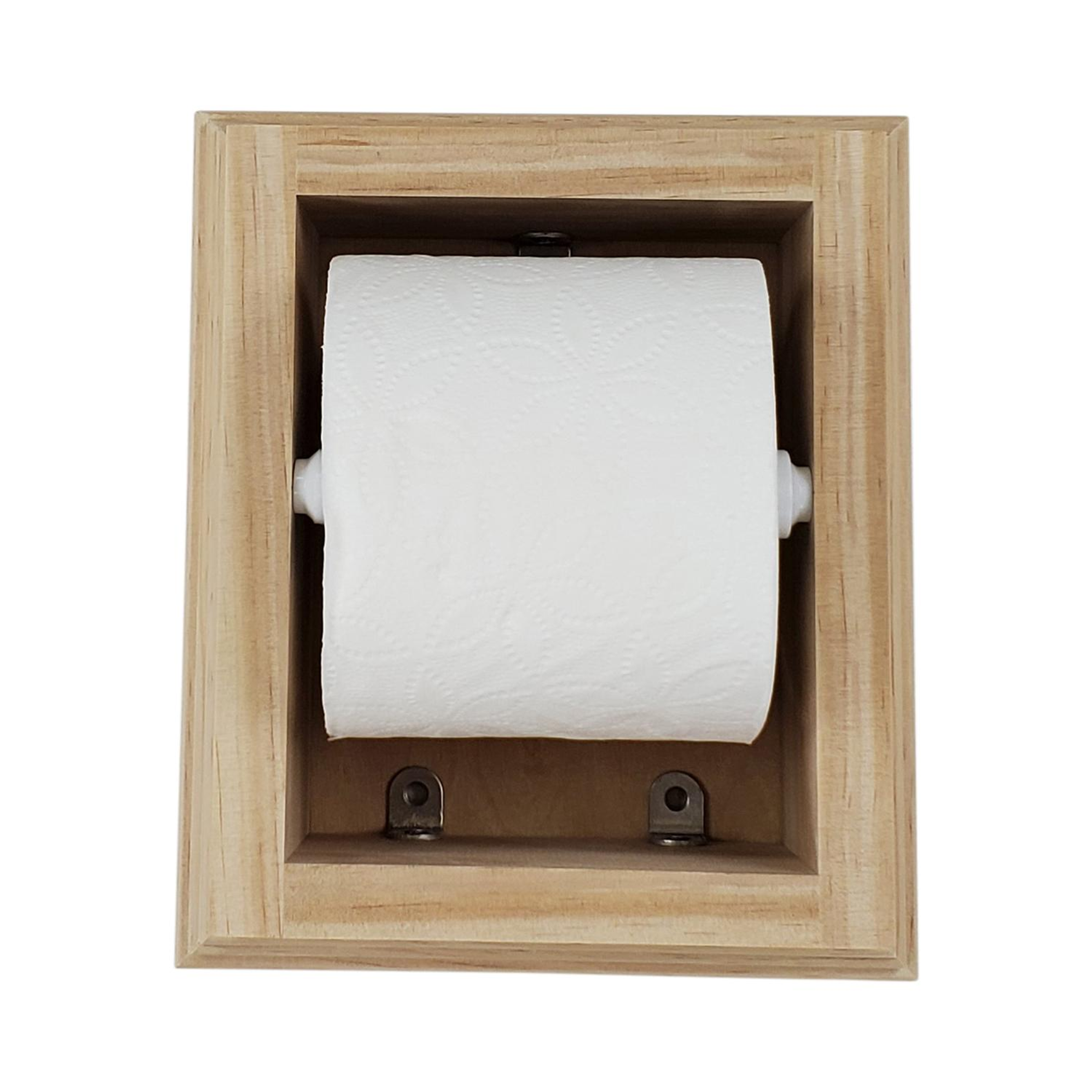 Toilet Paper Holder Wall Mounted Solid Wood 10h x 8.5w x 3.5d White Plastic Roller Installation Easy Handcrafted USA