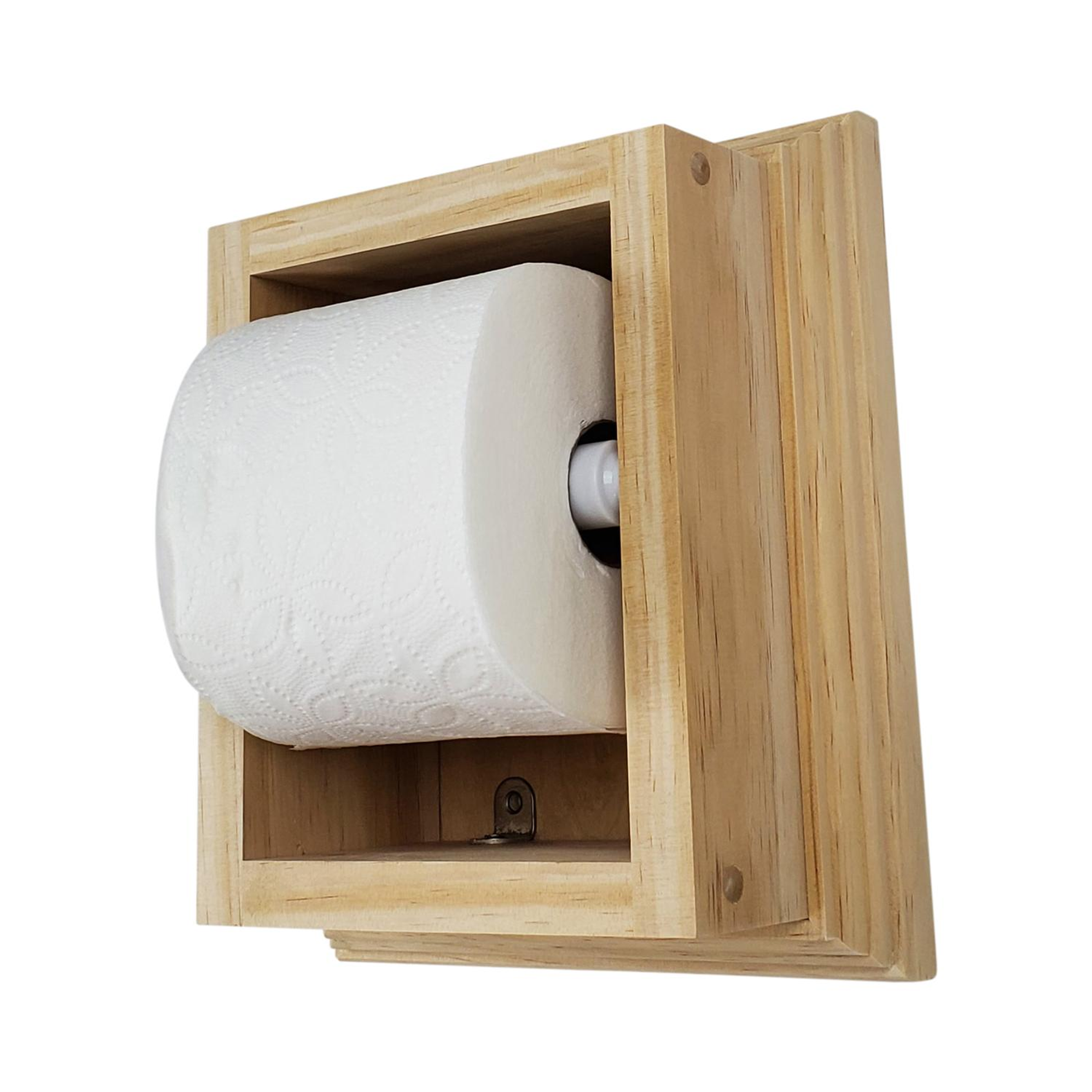 Toilet Paper Holder Wall Mounted Solid Wood 10h x 8.5w x 3.5d White Plastic Roller Installation Easy Handcrafted USA